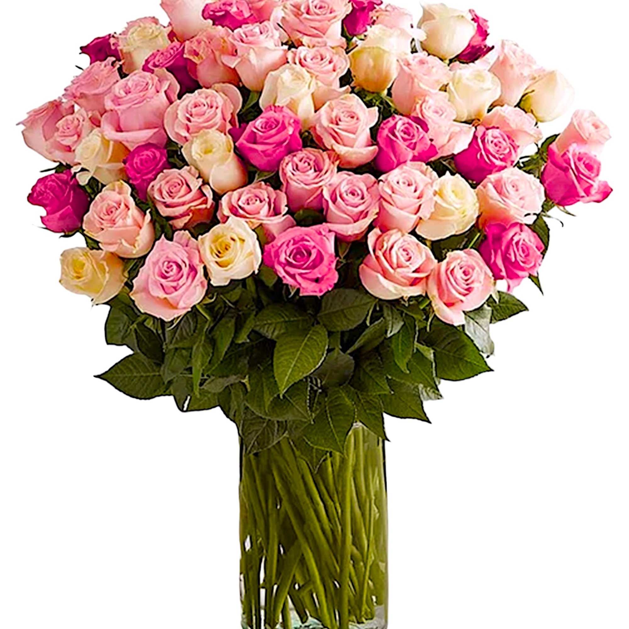 Large bouquet of pink and white roses in a clear glass vase