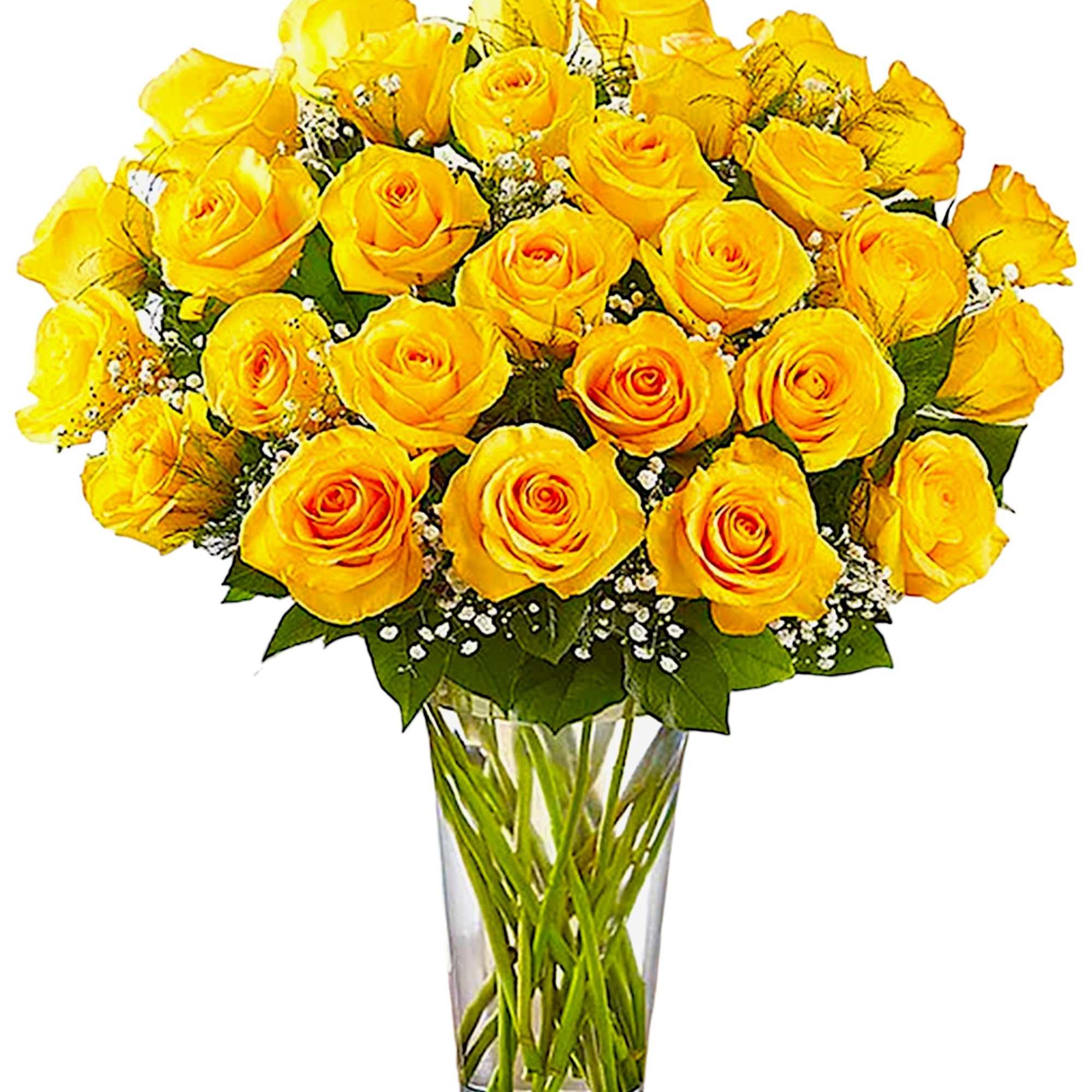 Bouquet of yellow roses in a clear glass vase
