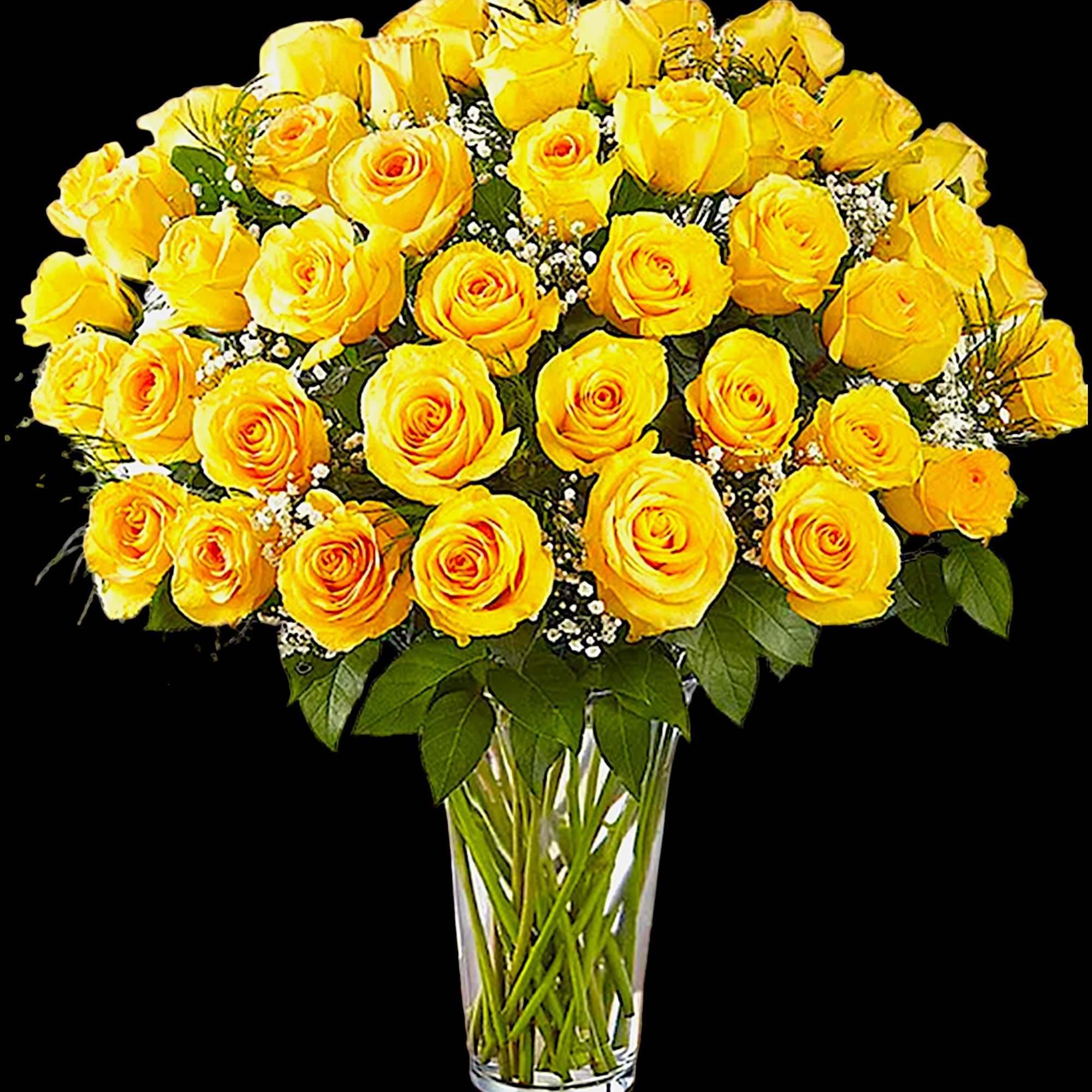 Bouquet of yellow roses in a clear glass vase