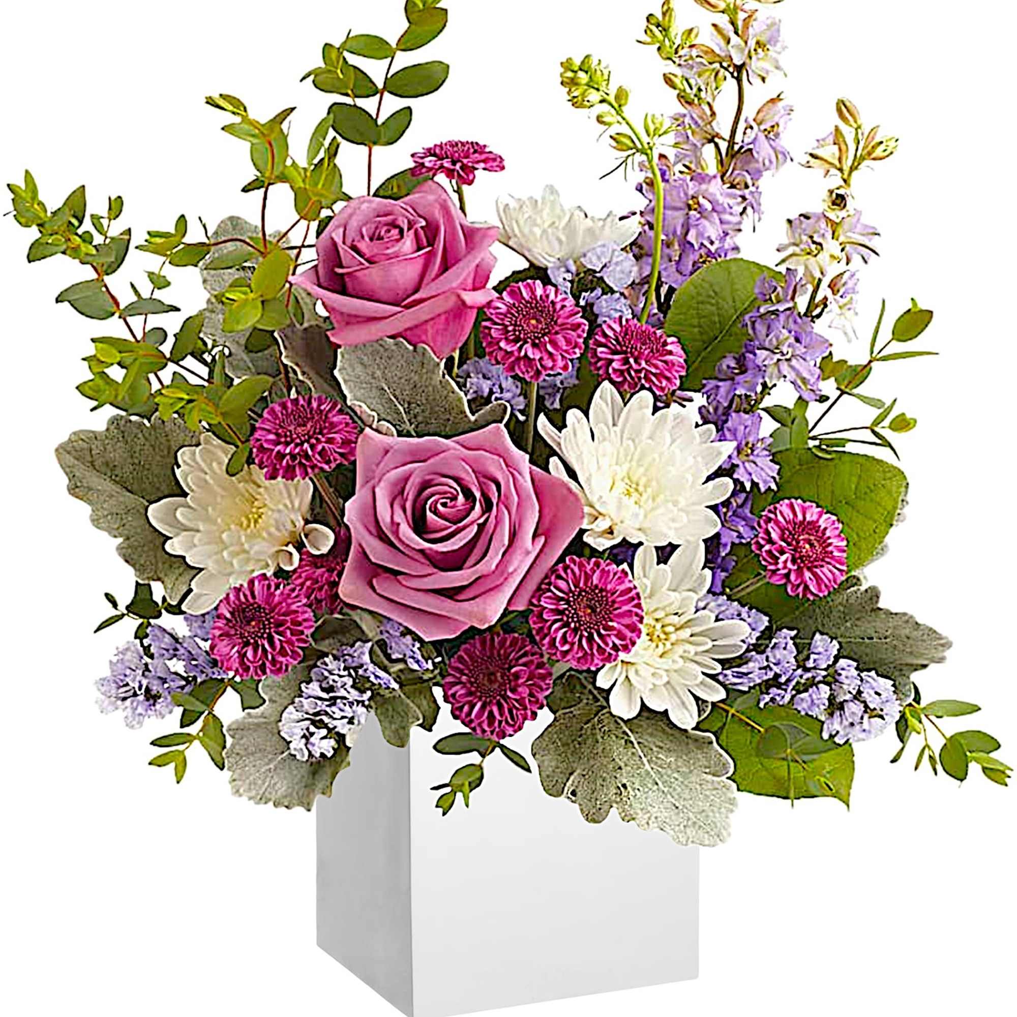 Pink roses and white daisies in a white box vase