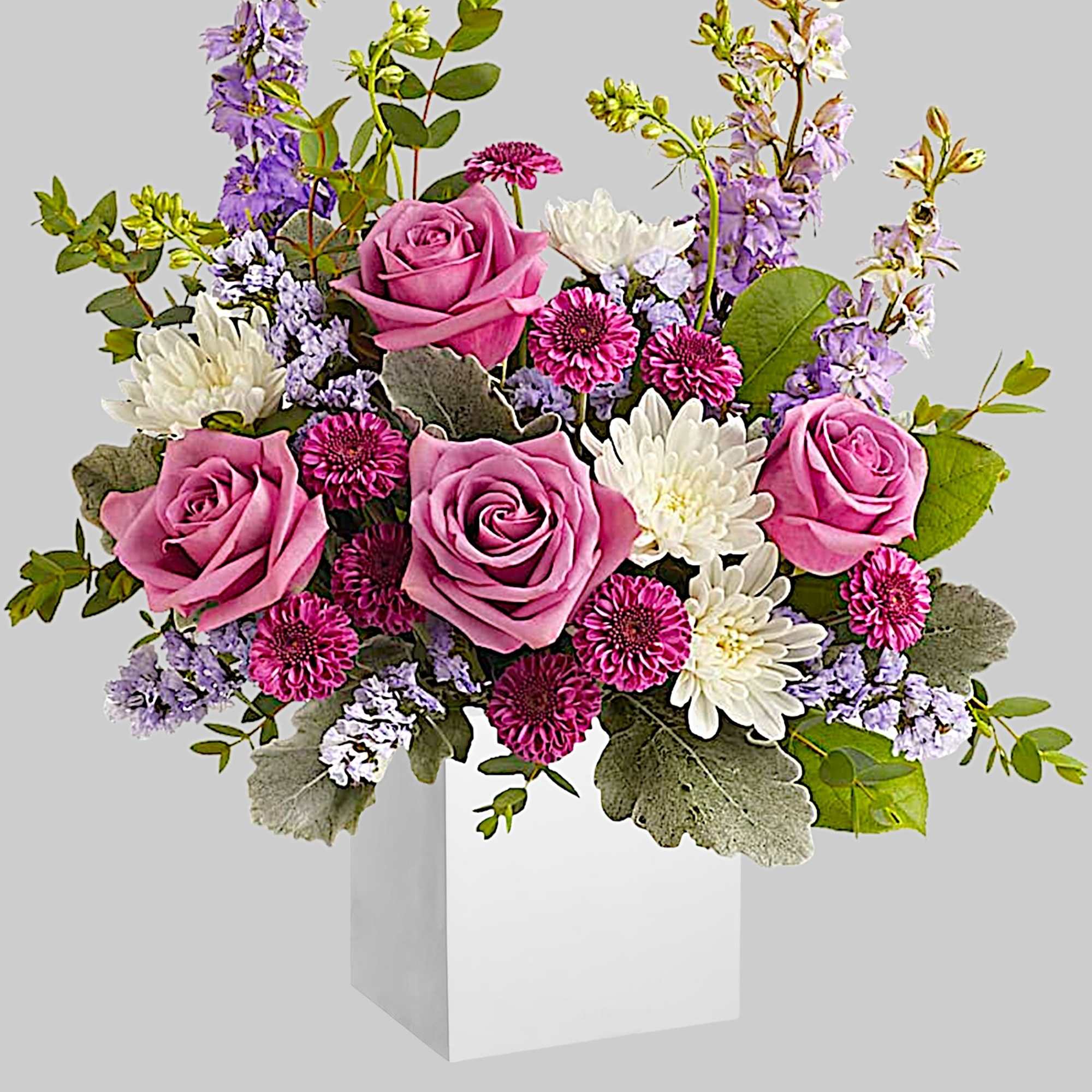 Pink roses and white daisies in a white box vase, photo 4 of 4