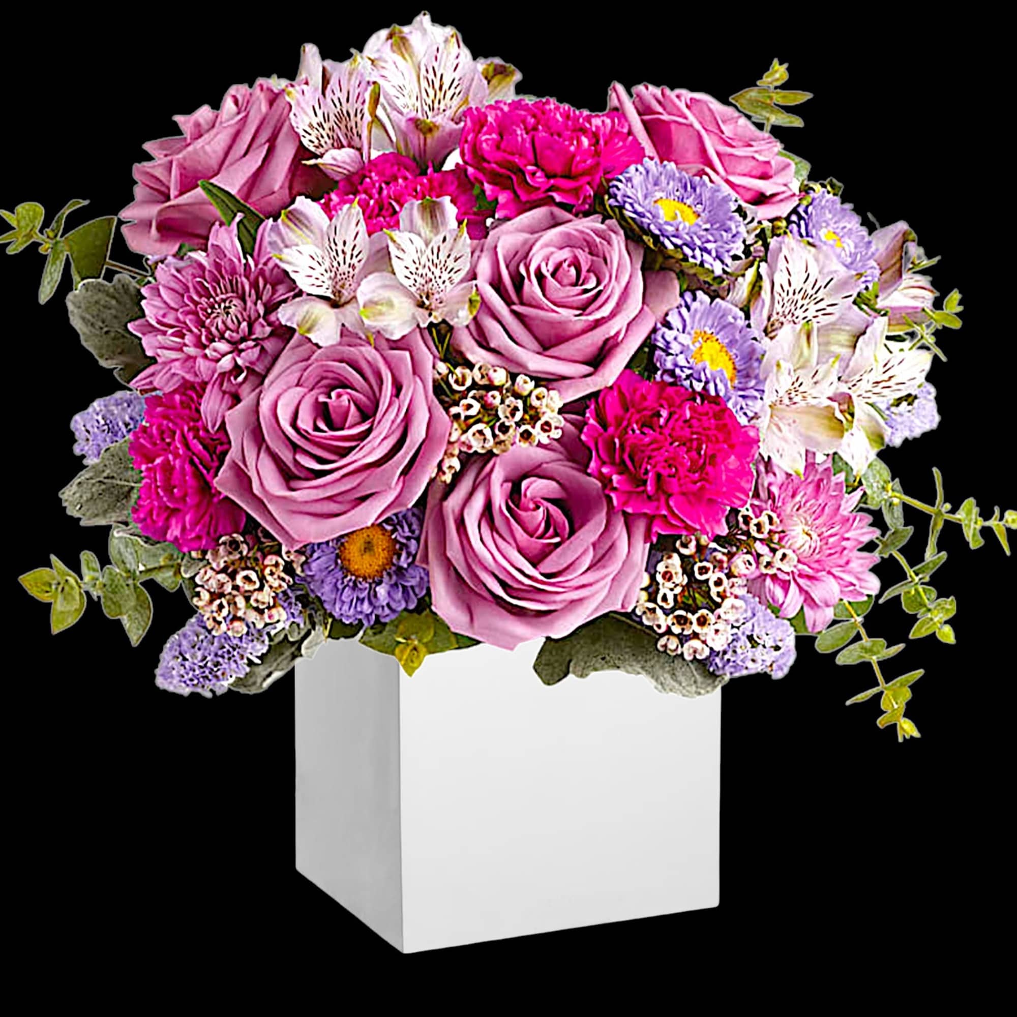 Pink and lavender mixed bouquet in a white square vase