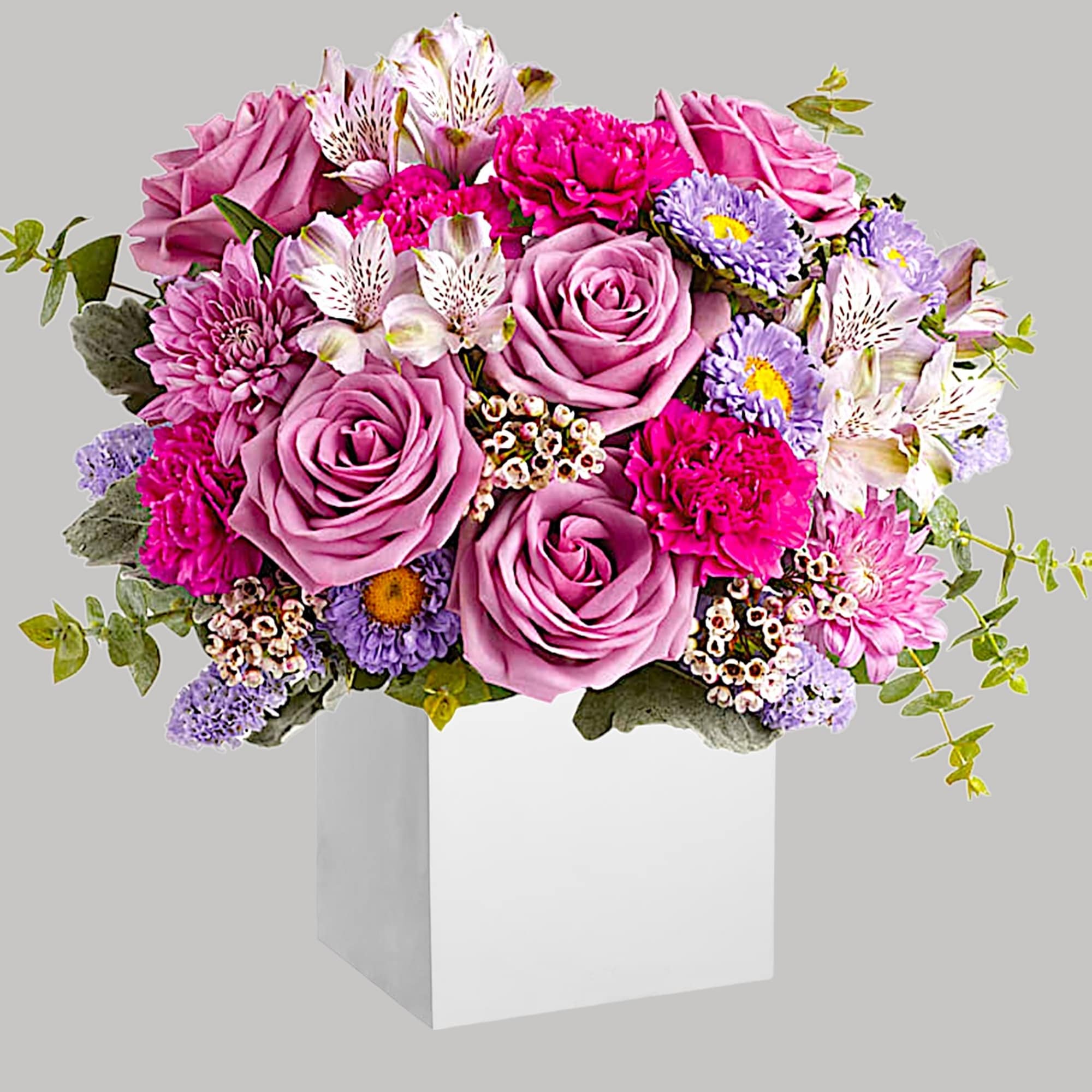 Pink and lavender bouquet in a white box vase, photo 4 of 4