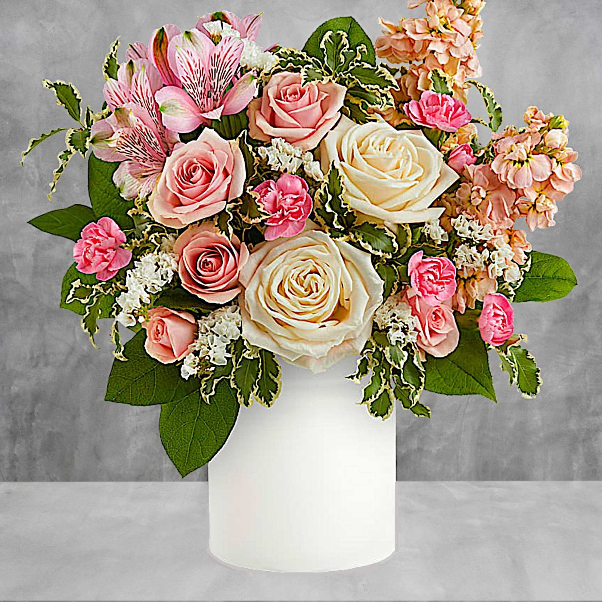Pink and cream roses in a white vase with mixed greenery