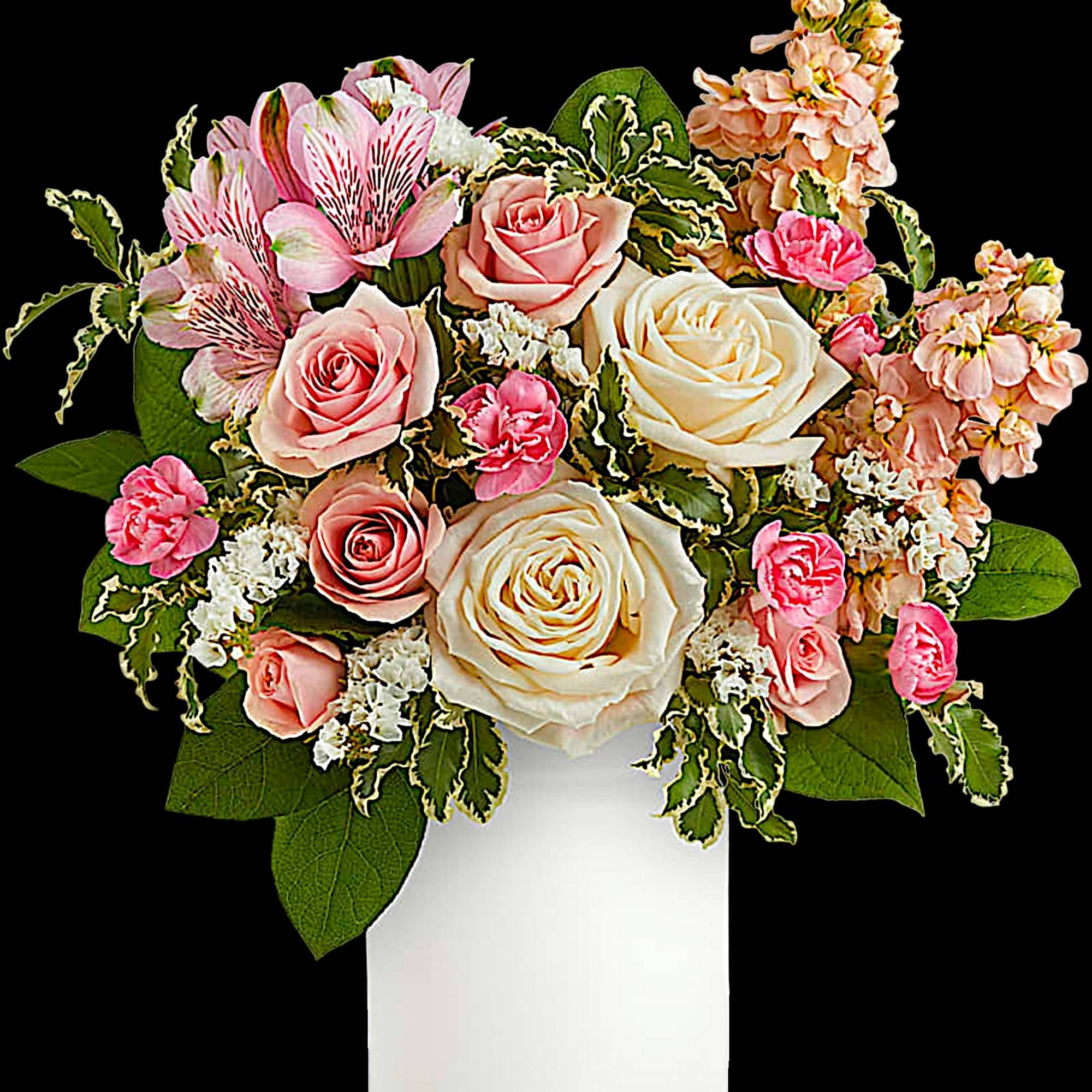 Pink and cream roses with alstroemeria in a white vase, photo 3 of 4
