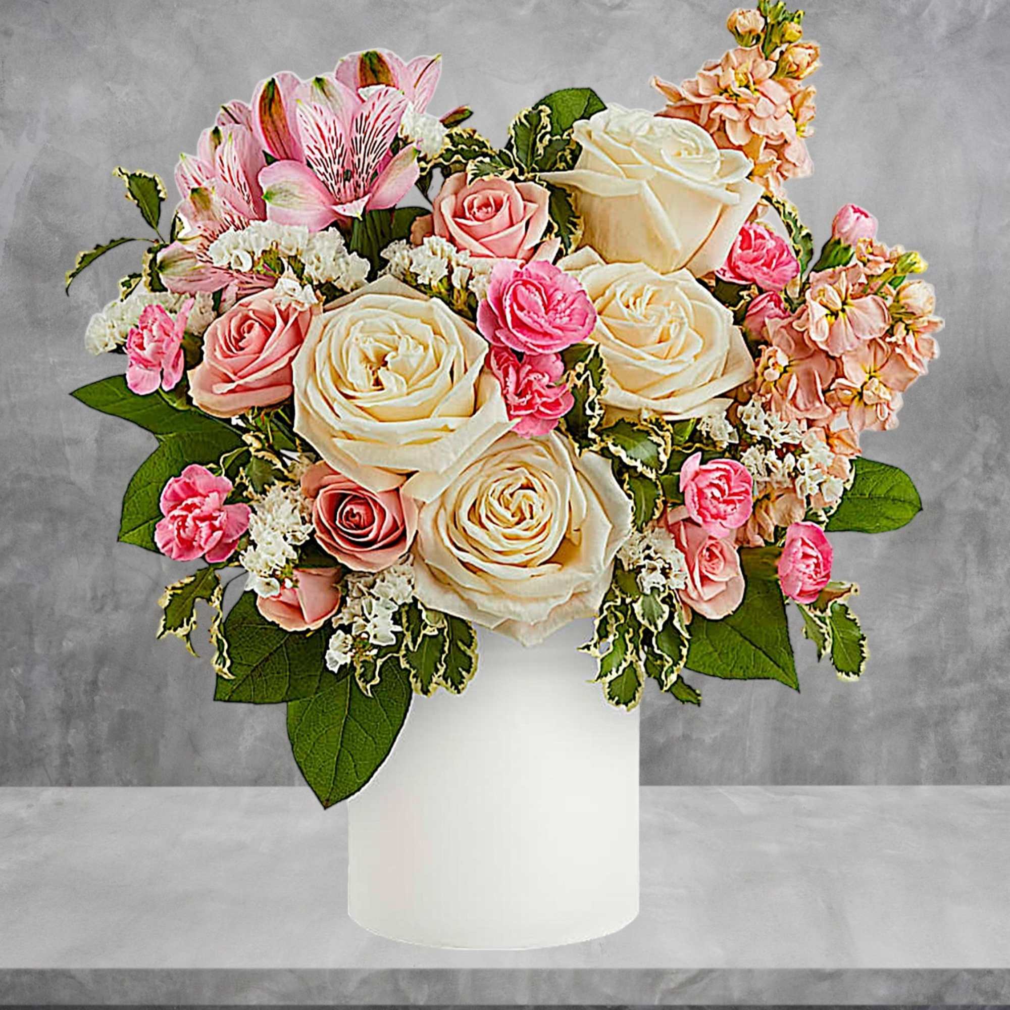 Bouquet of cream and pink roses with alstroemeria in a white vase, photo 3 of 5