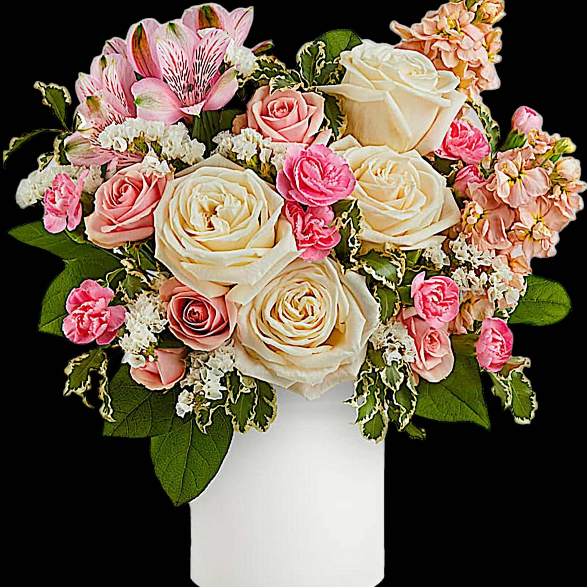 Bouquet of cream and pink roses with alstroemeria in a white vase, photo 4 of 5