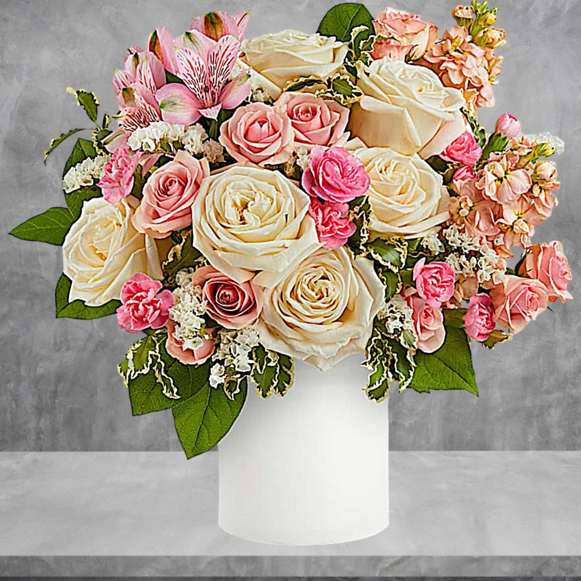 Bouquet of cream and pink roses in a white vase