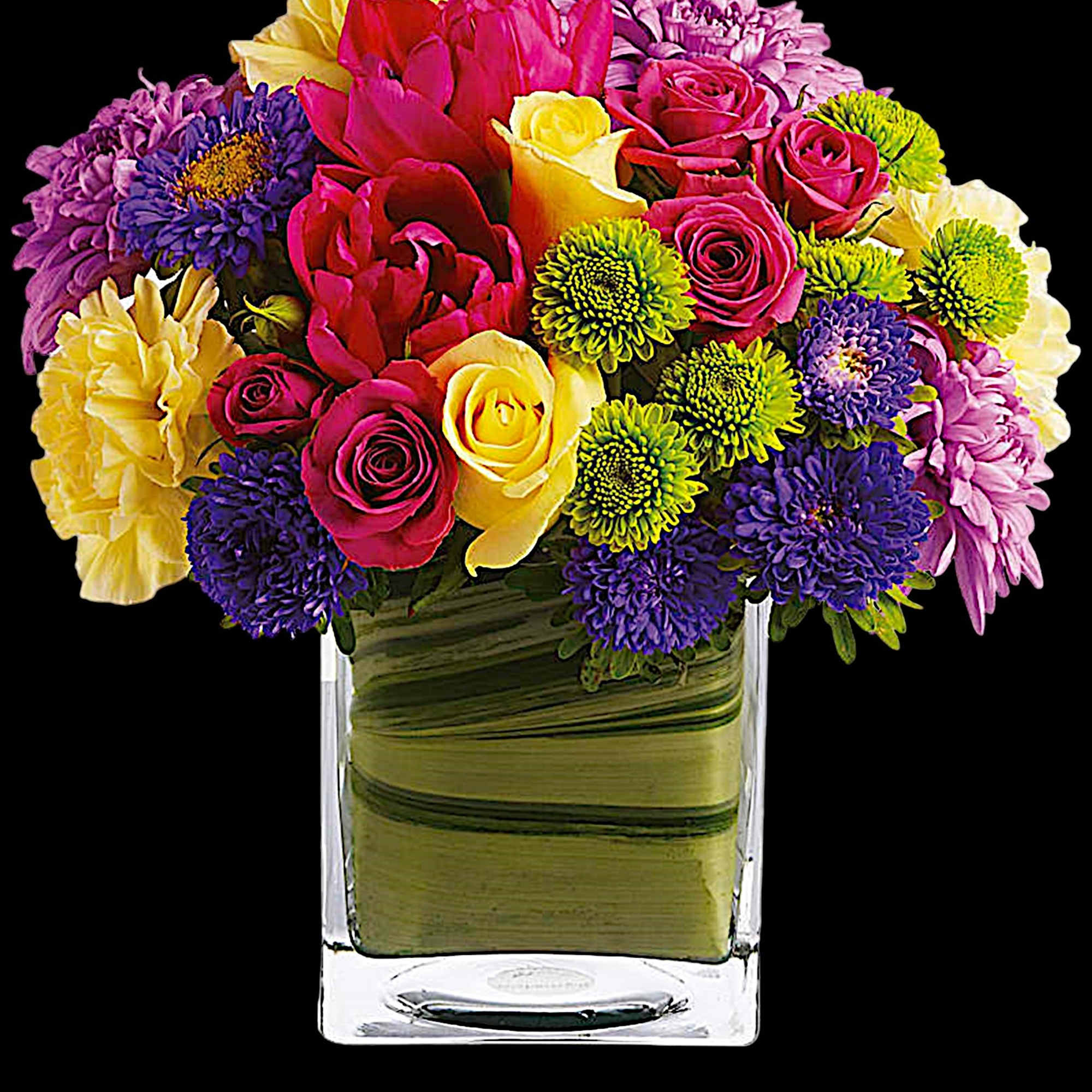 Colorful mixed bouquet in a clear square vase, photo 3 of 4