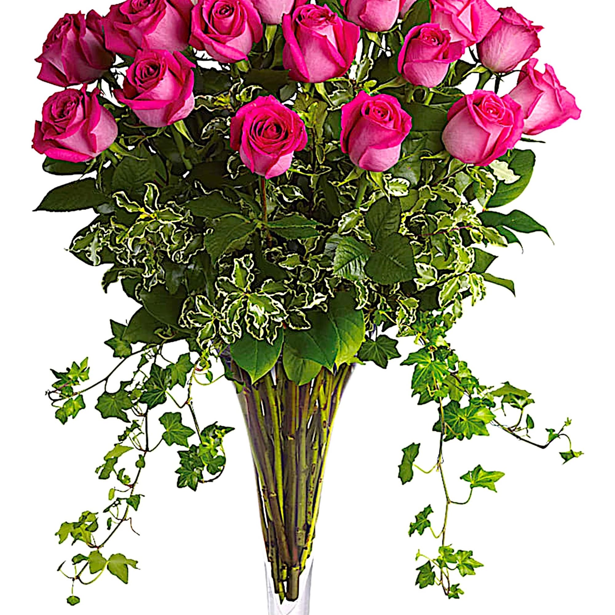 Pink roses arranged in a tall clear glass vase with trailing ivy