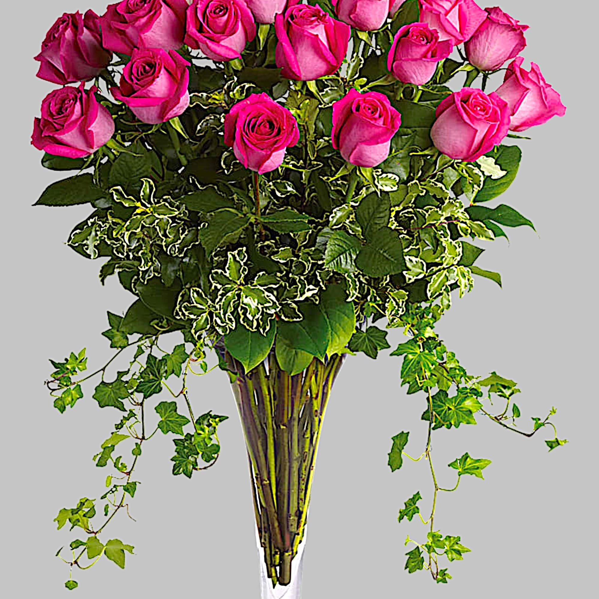 Pink roses arranged in a tall clear glass vase with trailing ivy, photo 4 of 4