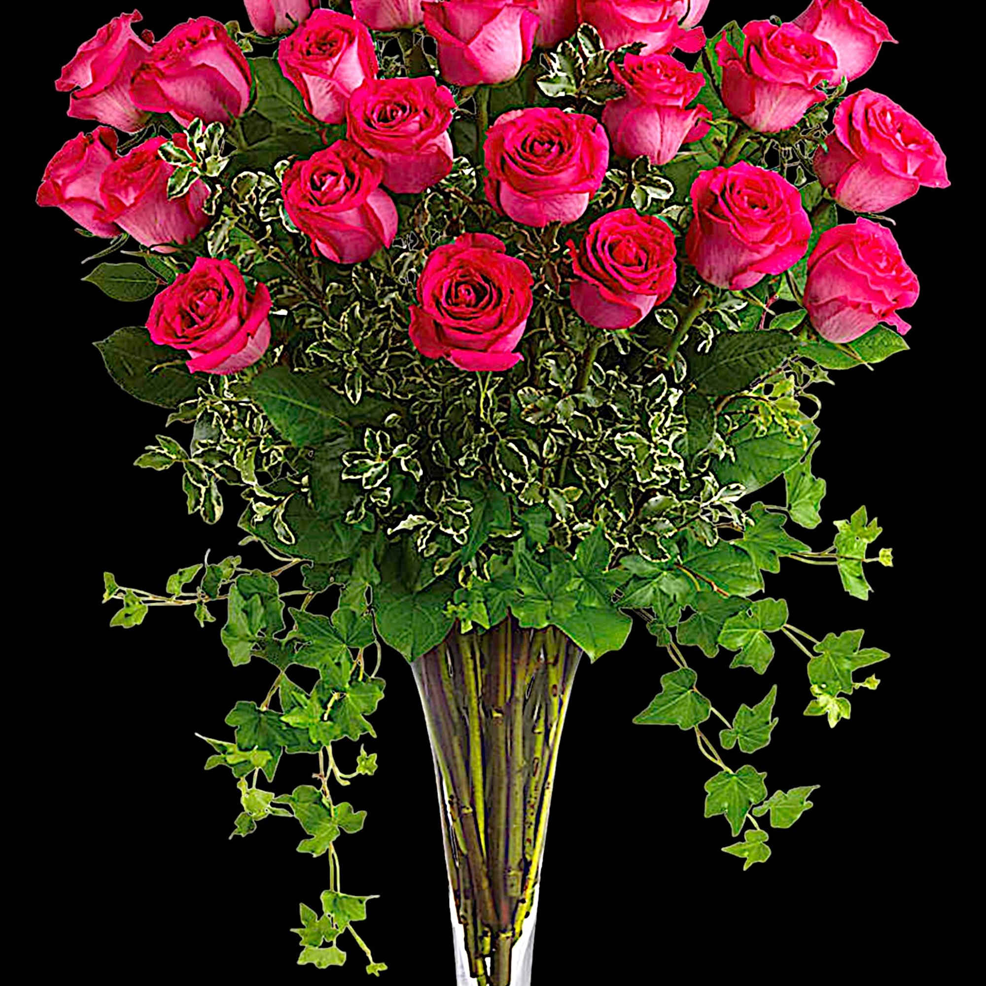 Tall bouquet of hot pink roses in a clear glass vase, photo 3 of 4