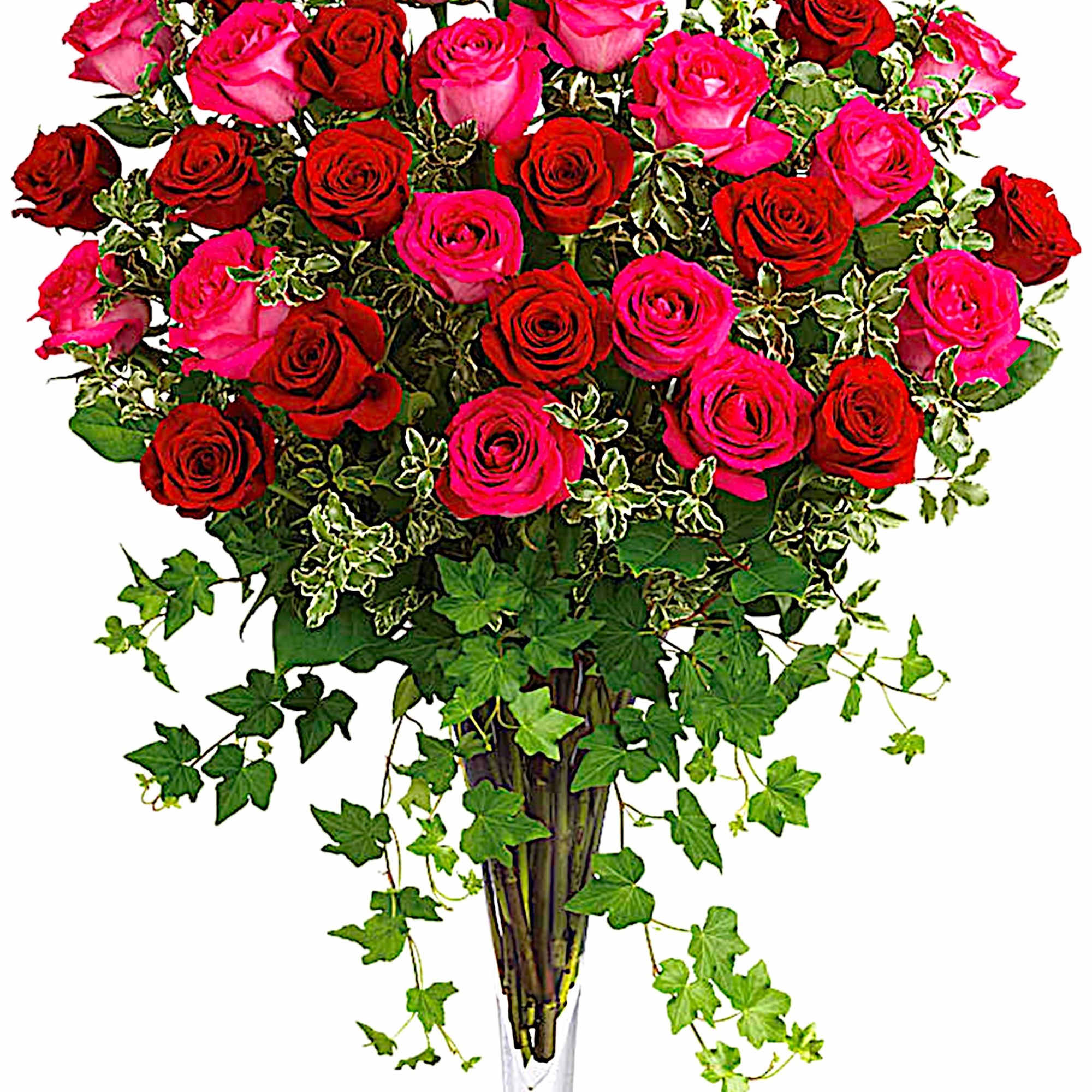Bouquet of red and pink roses in a clear glass vase