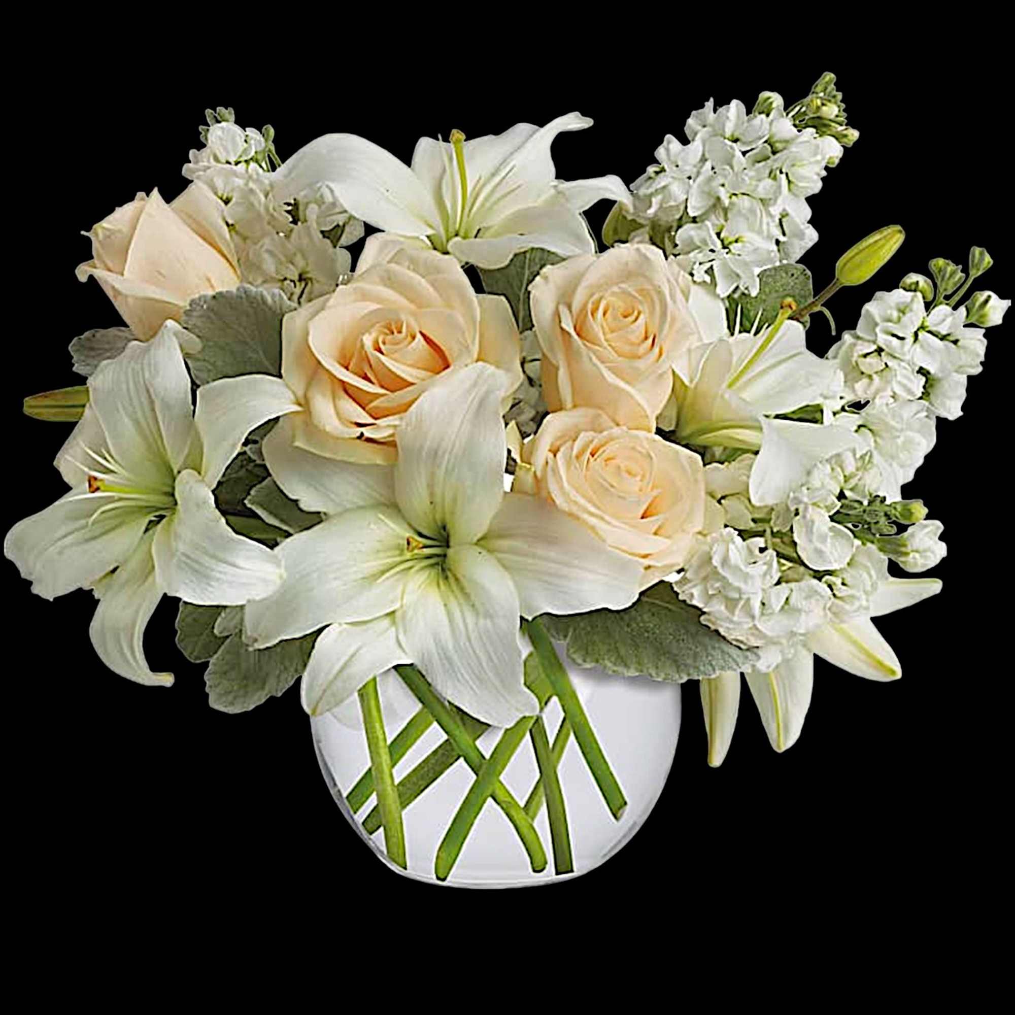 White lilies and cream roses in a white vase
