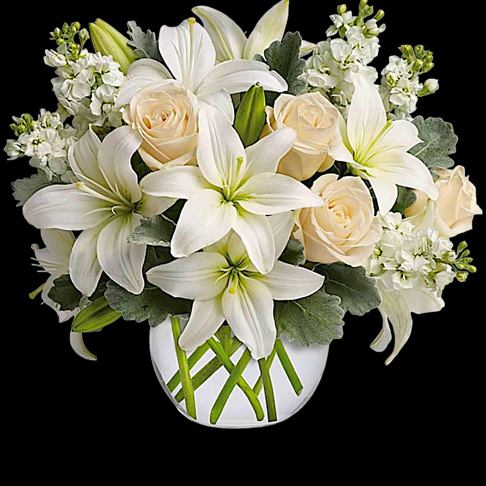 White lilies and cream roses arranged in a white vase