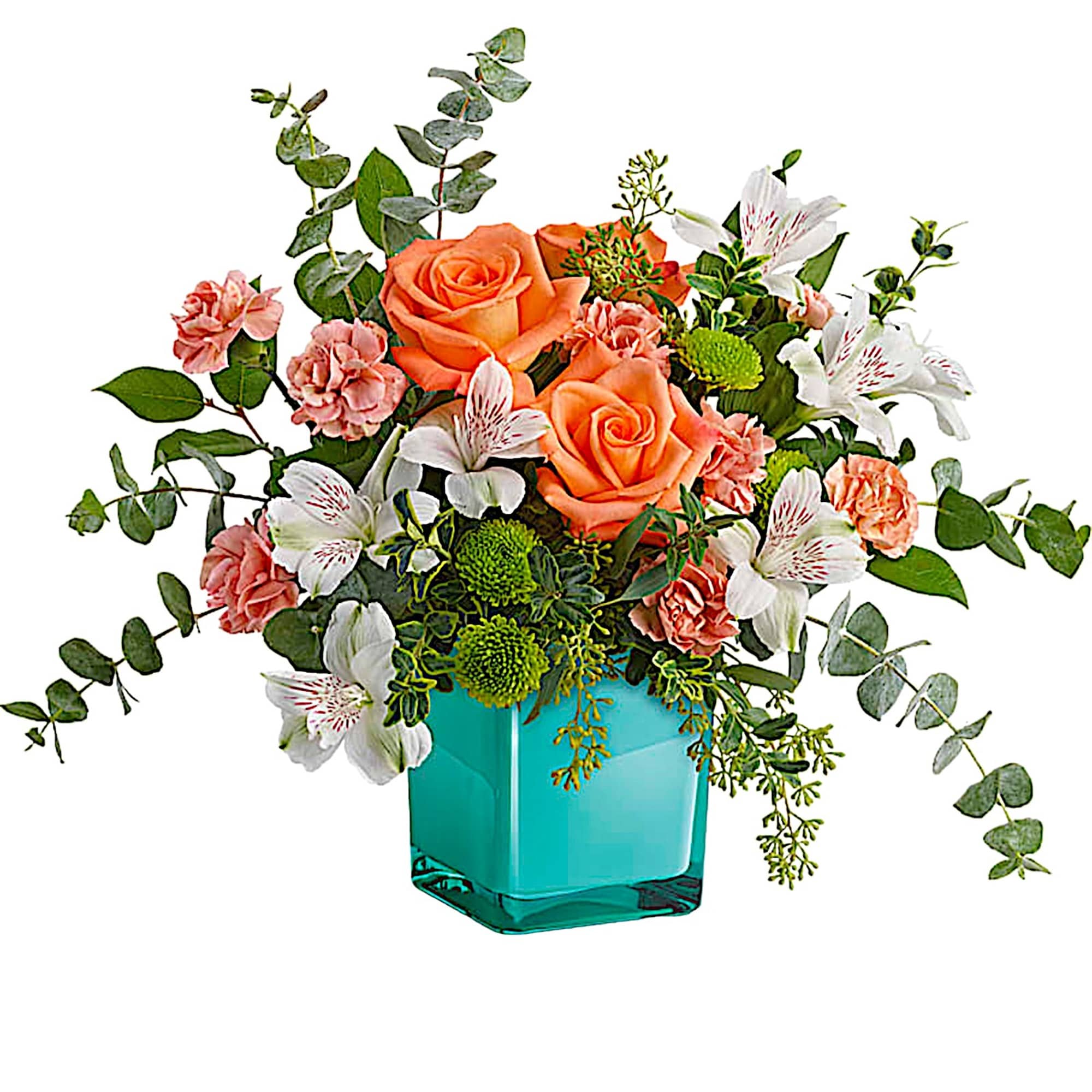 Orange roses and white lilies in a turquoise vase