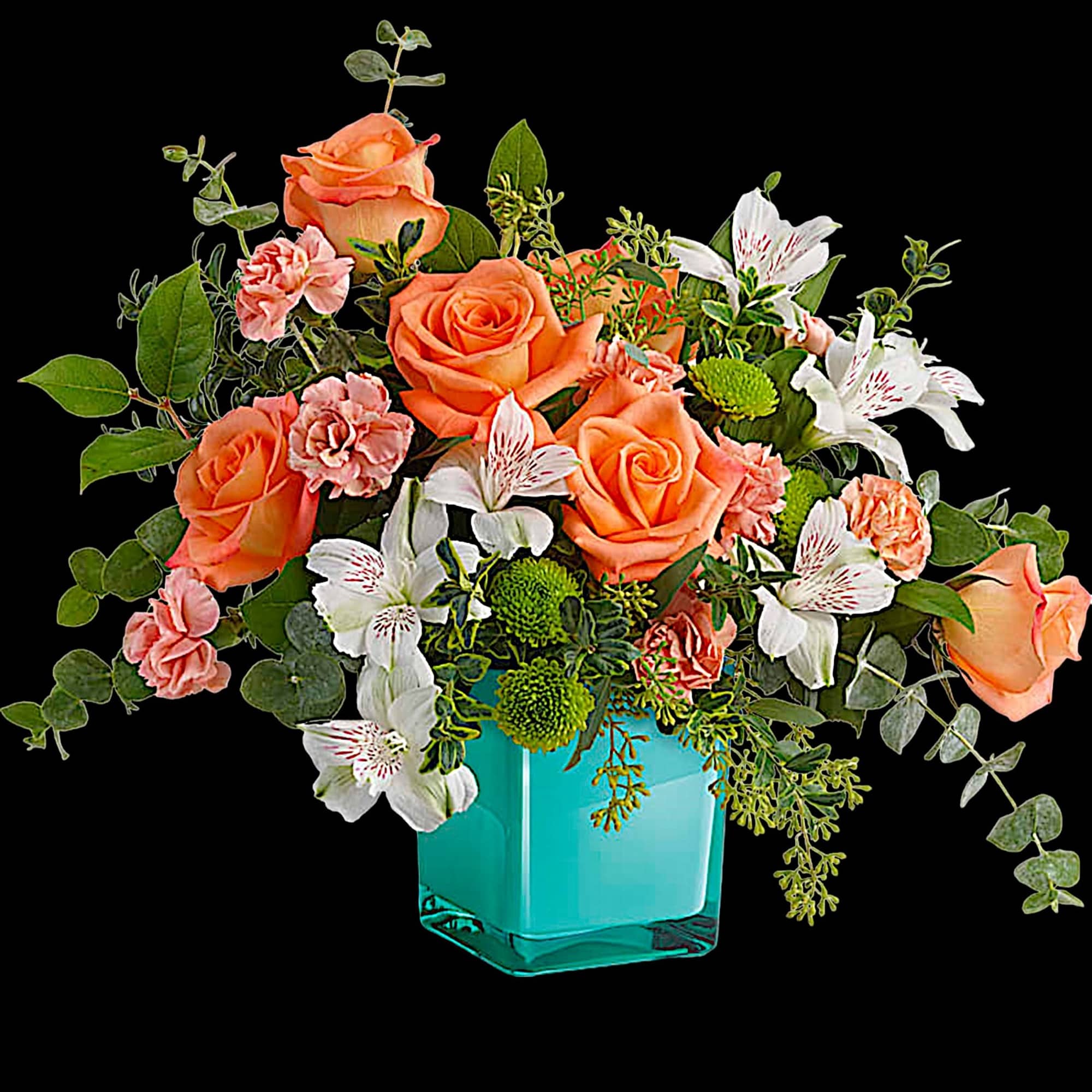 Orange roses and white lilies in a turquoise vase, photo 3 of 4