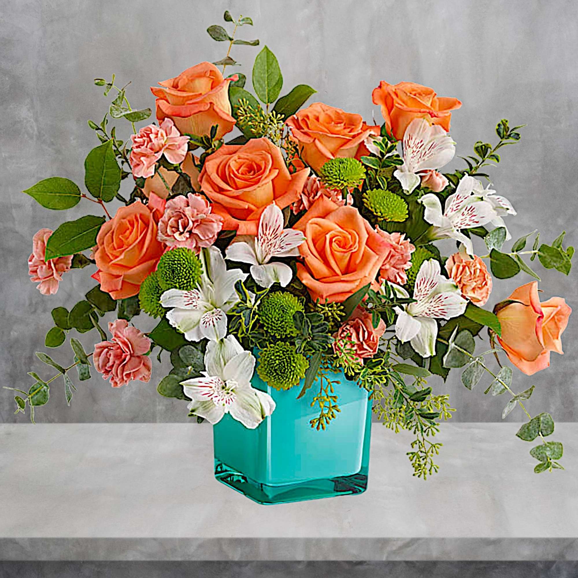 Orange roses and white alstroemeria in a turquoise vase, photo 2 of 4