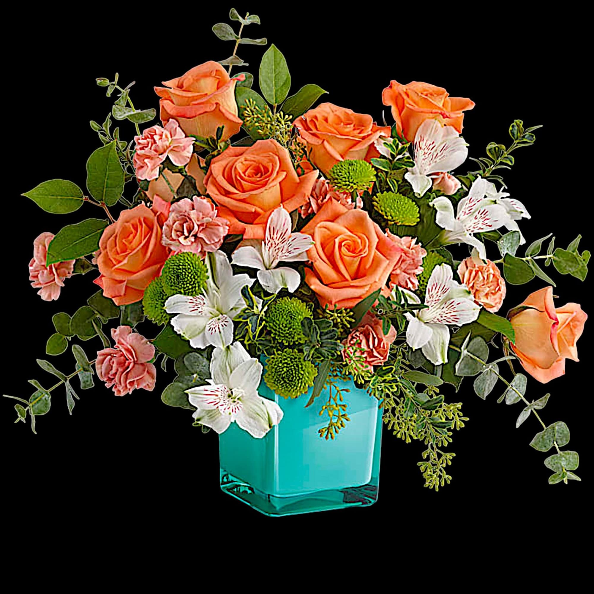 Orange roses and white alstroemeria in a turquoise vase, photo 3 of 4