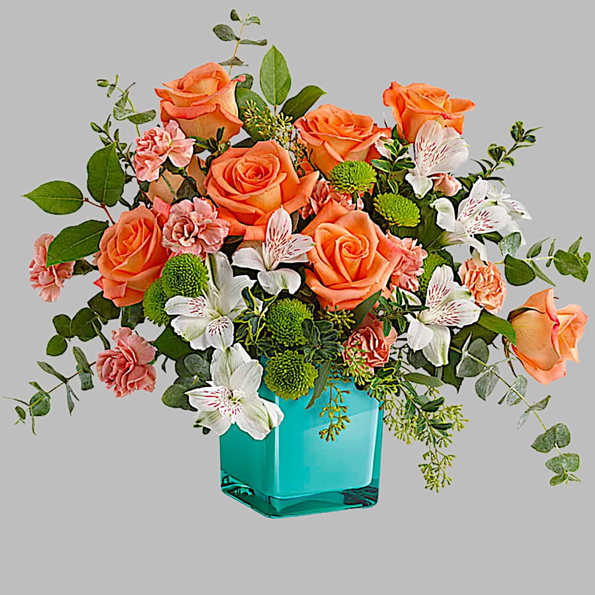 Orange roses and white alstroemeria in a turquoise vase, photo 4 of 4