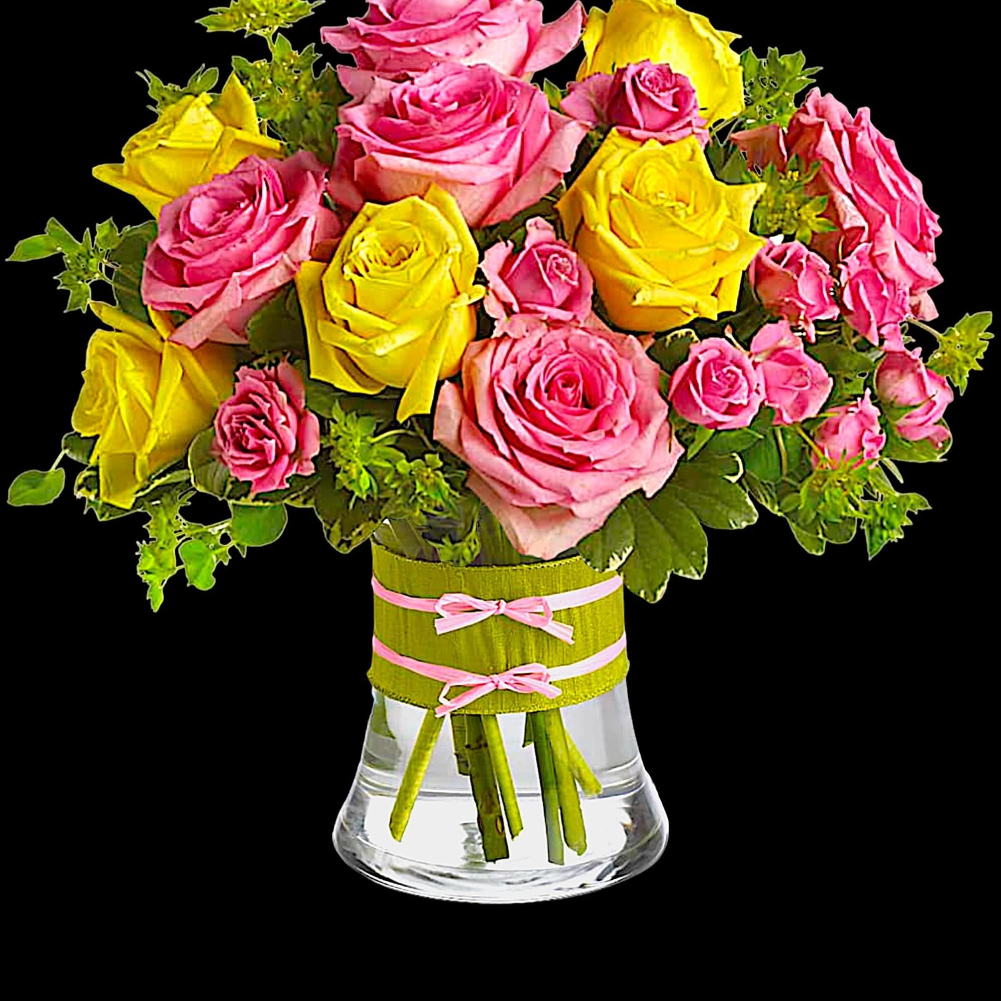 Pink and yellow roses in a clear glass vase with ribbon, photo 4 of 5