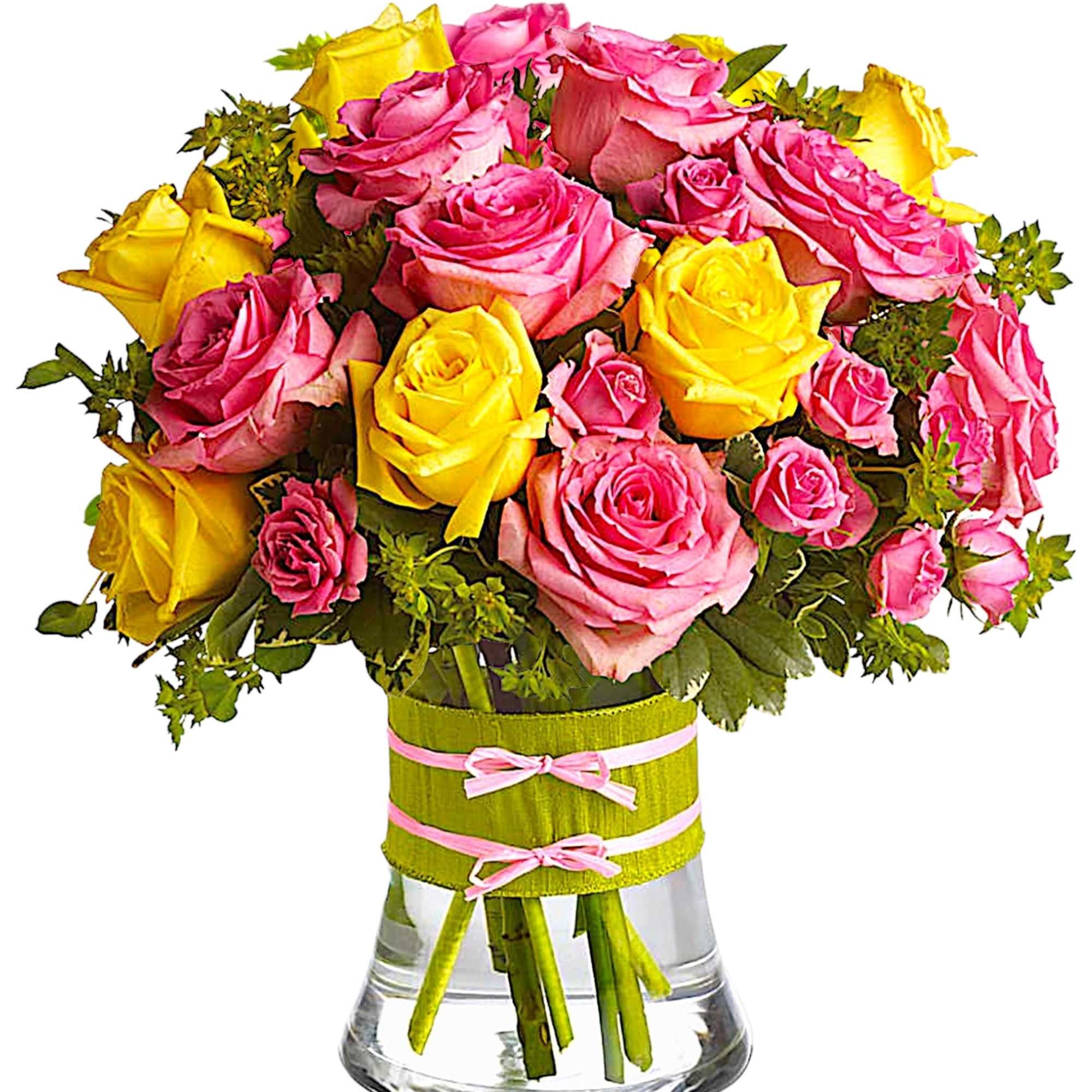 Pink and yellow roses arranged in a clear glass vase with ribbon