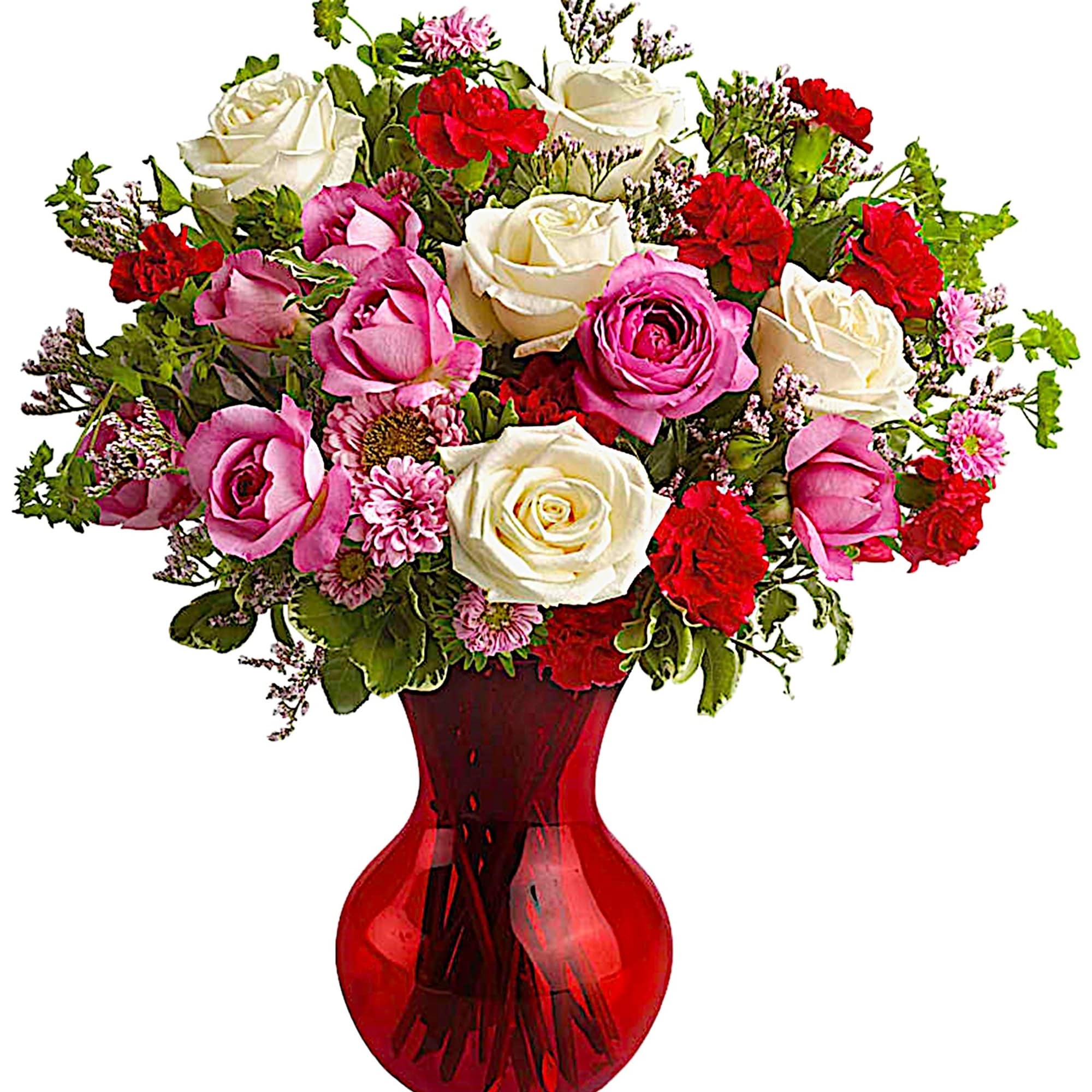 Mixed pink, white, and red roses in a red glass vase