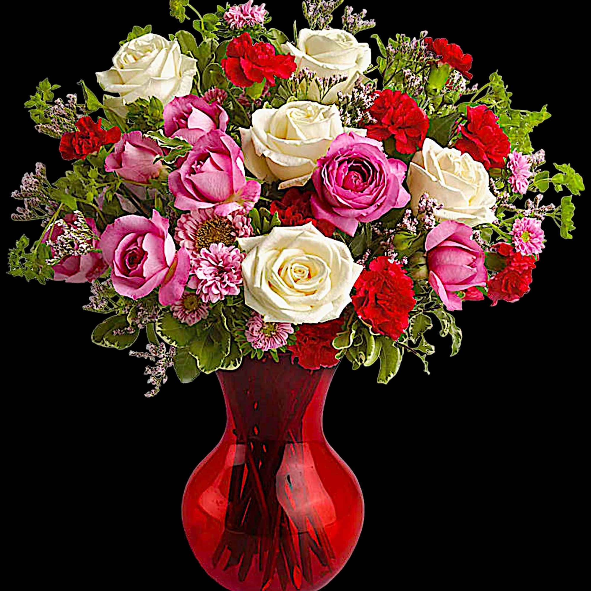Pink and white roses with red carnations in a red glass vase, photo 3 of 4