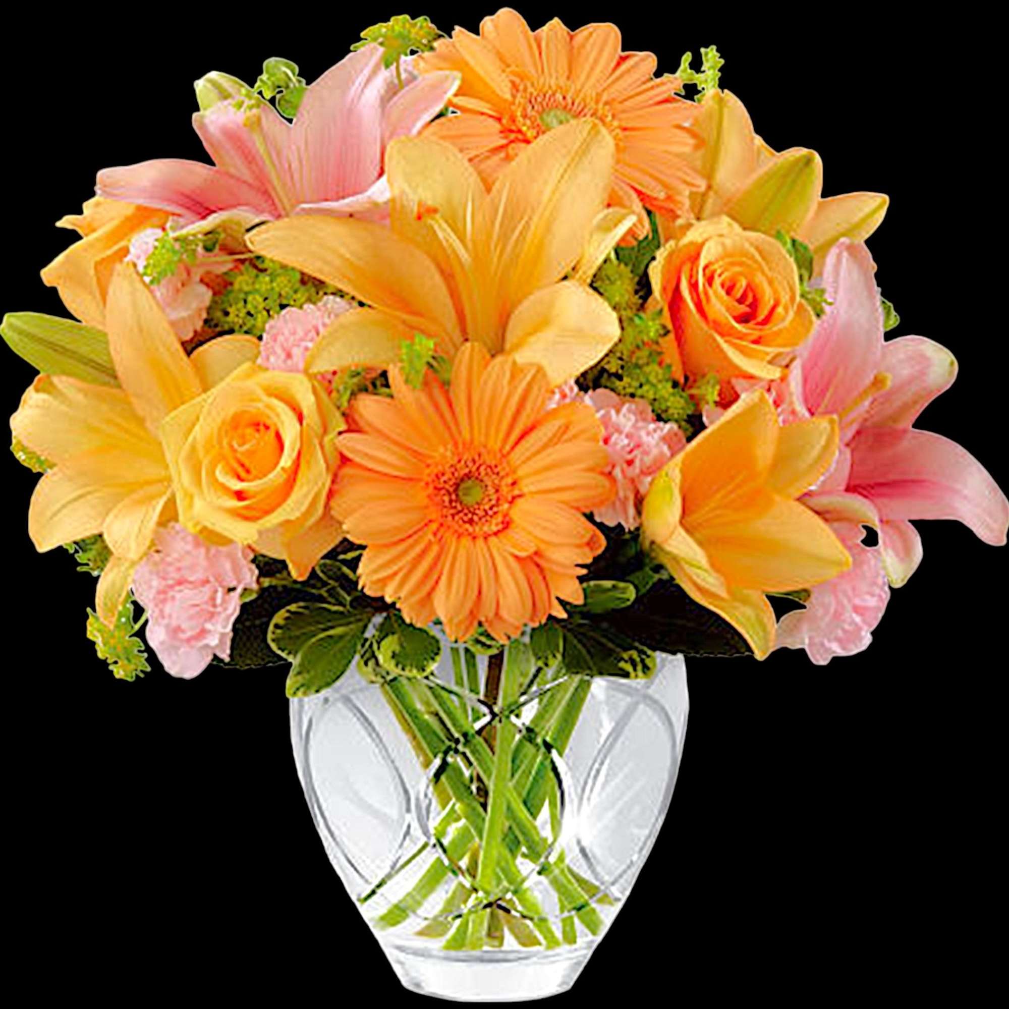 Bouquet of orange and pink flowers in a clear glass vase, photo 3 of 4