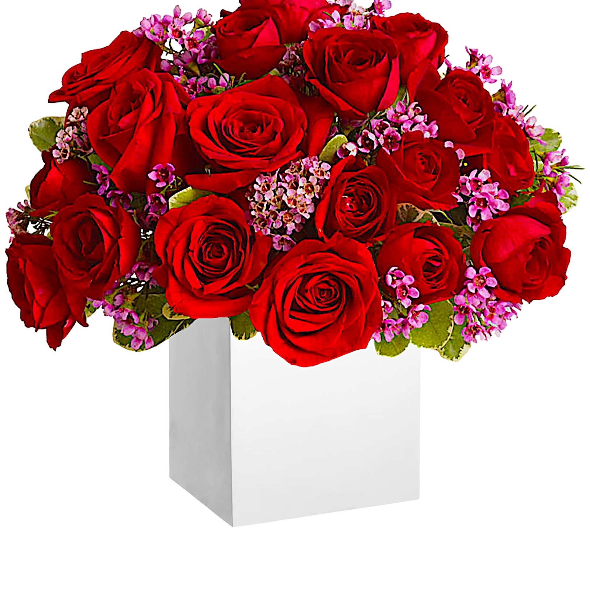 Red roses with pink filler flowers in a white box vase