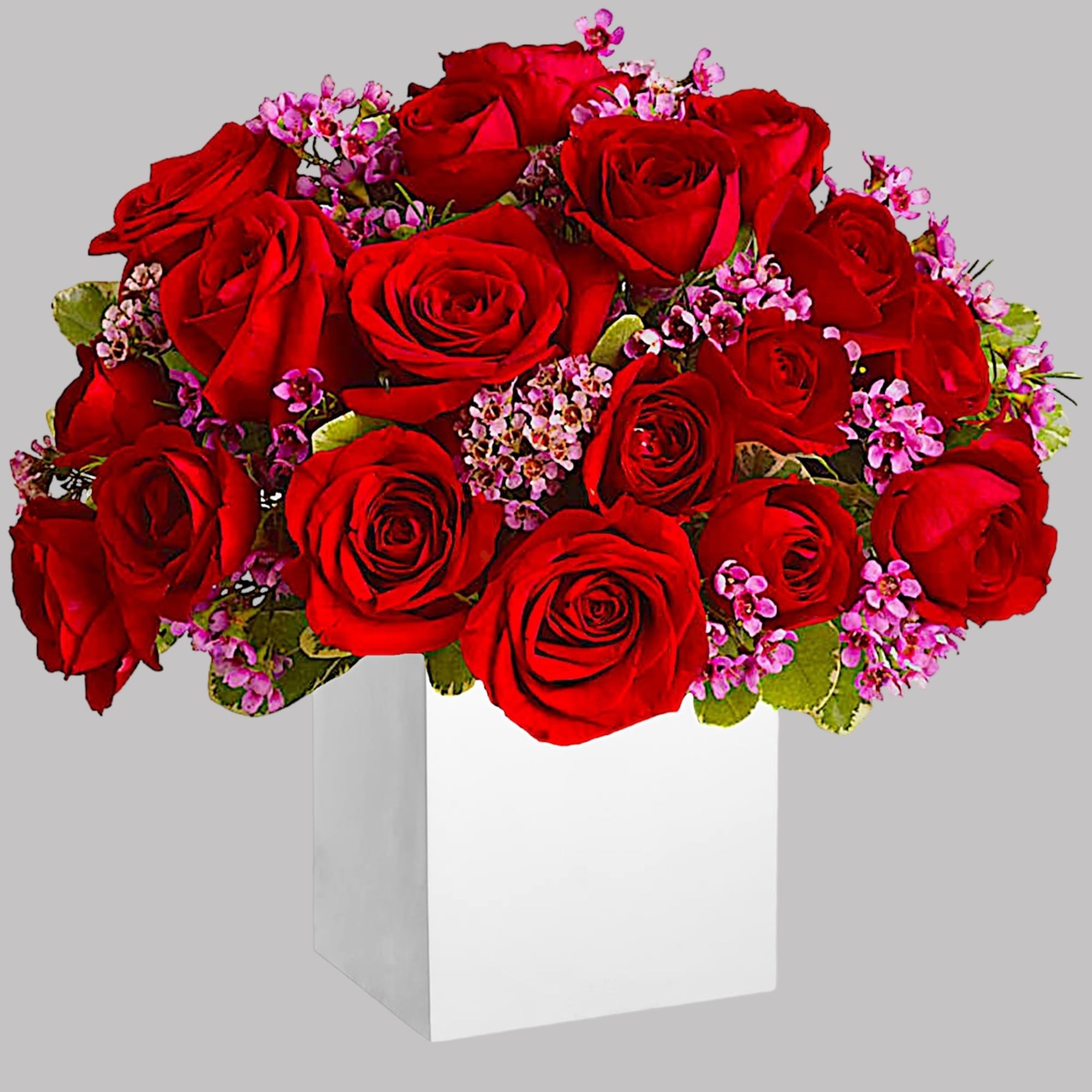 Red roses with pink filler flowers in a white box vase, photo 4 of 4