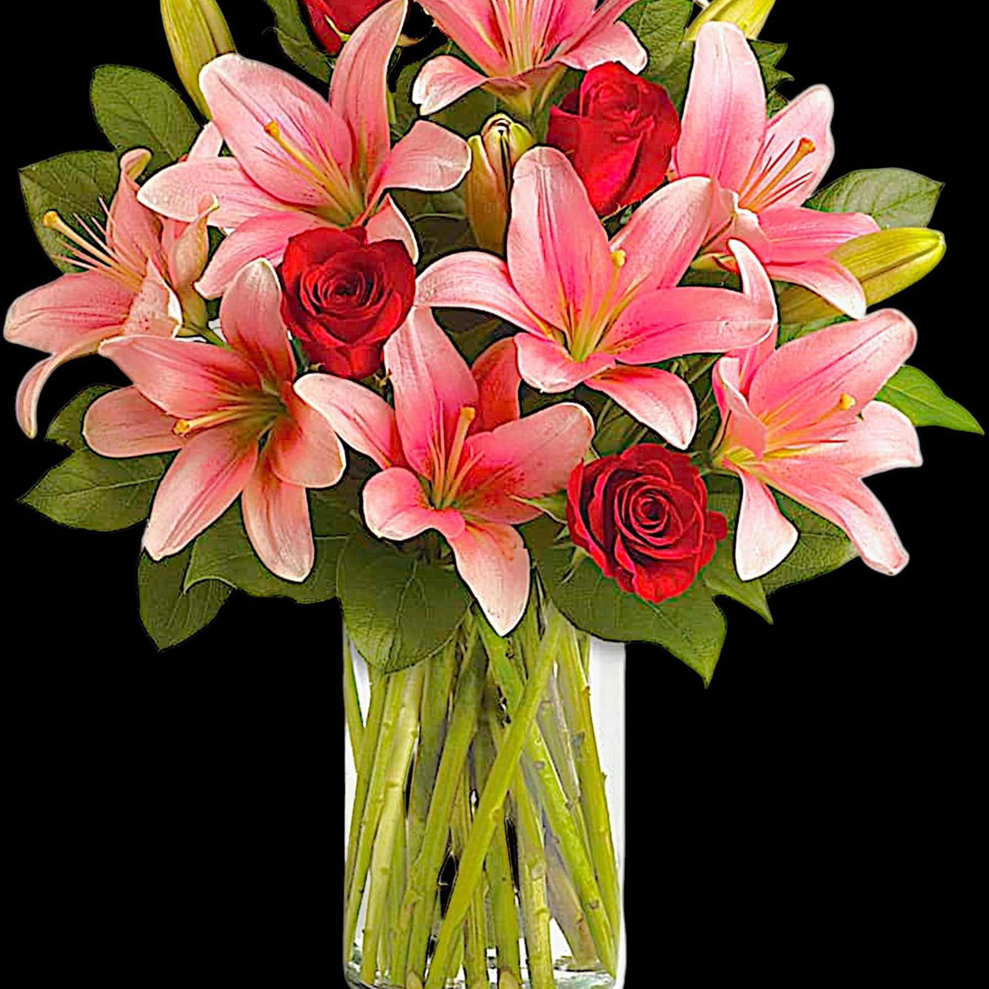 Pink lilies and red roses in a clear glass vase, photo 3 of 4