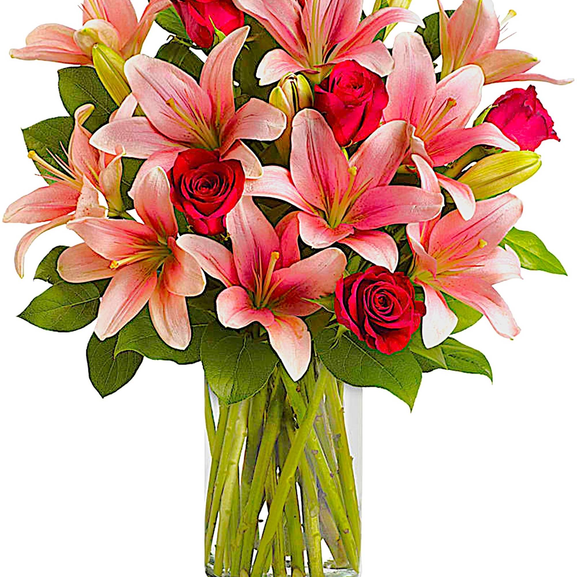 Pink lilies and red roses arranged in a clear glass vase