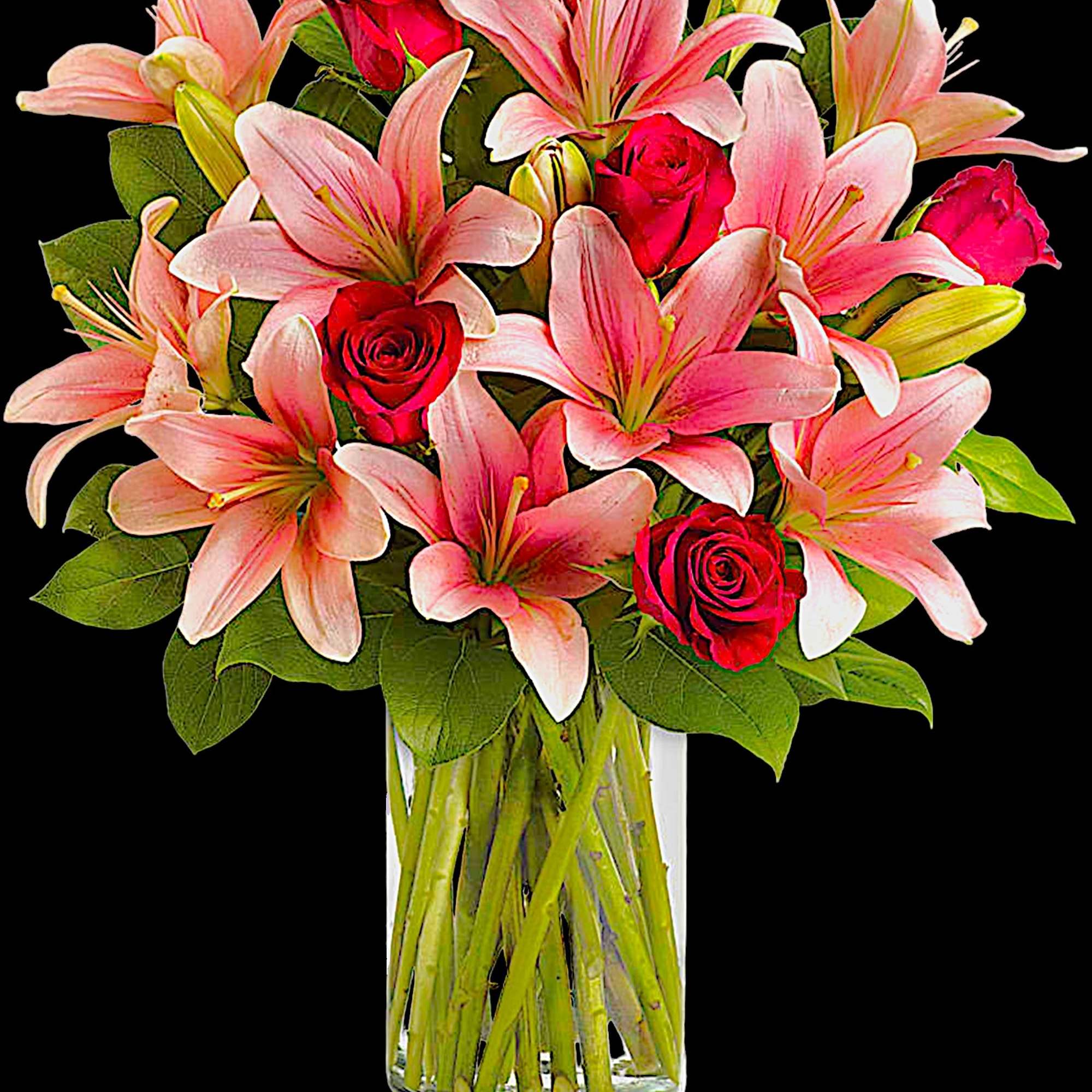 Pink lilies and red roses in a clear glass vase, photo 3 of 4