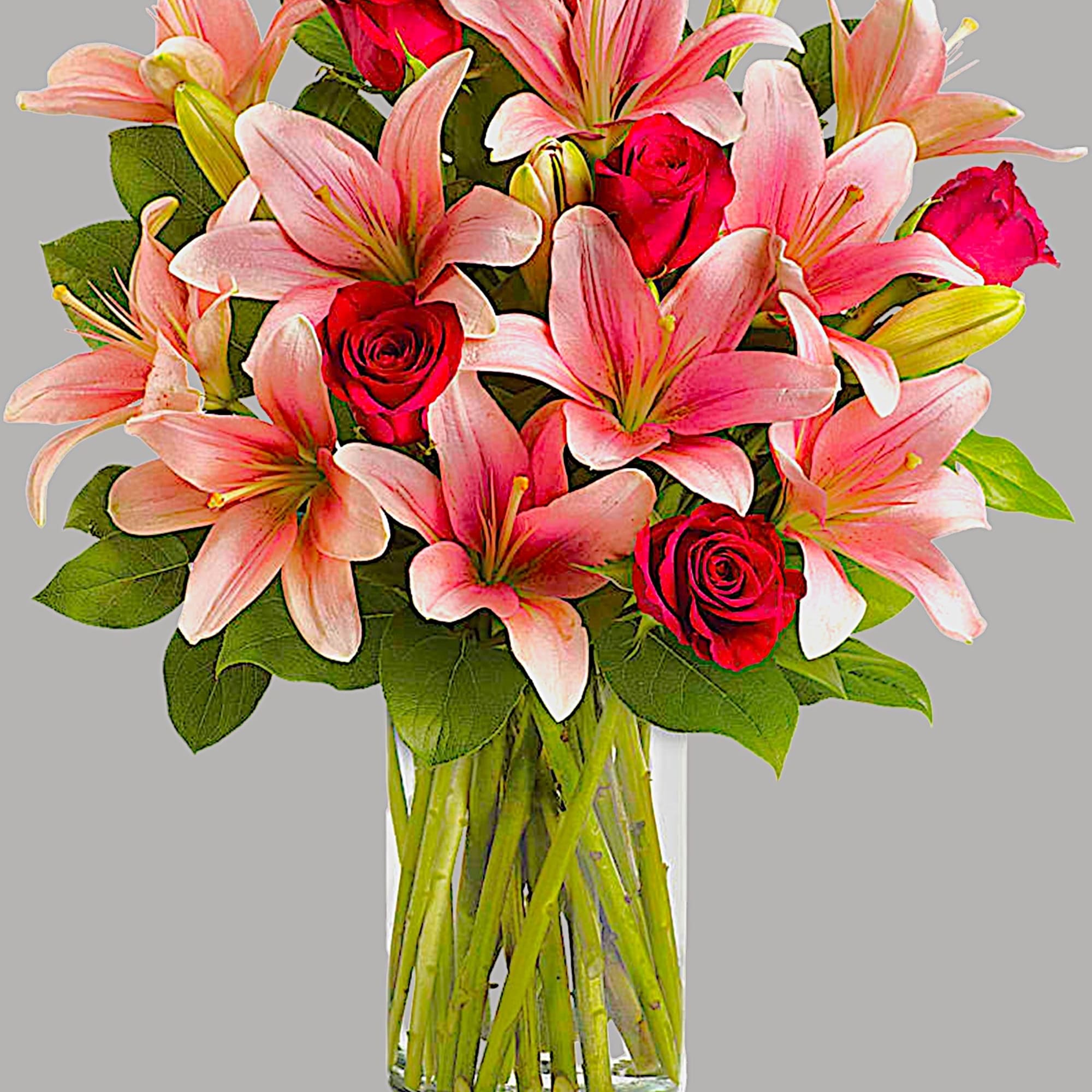 Pink lilies and red roses in a clear glass vase, photo 4 of 4