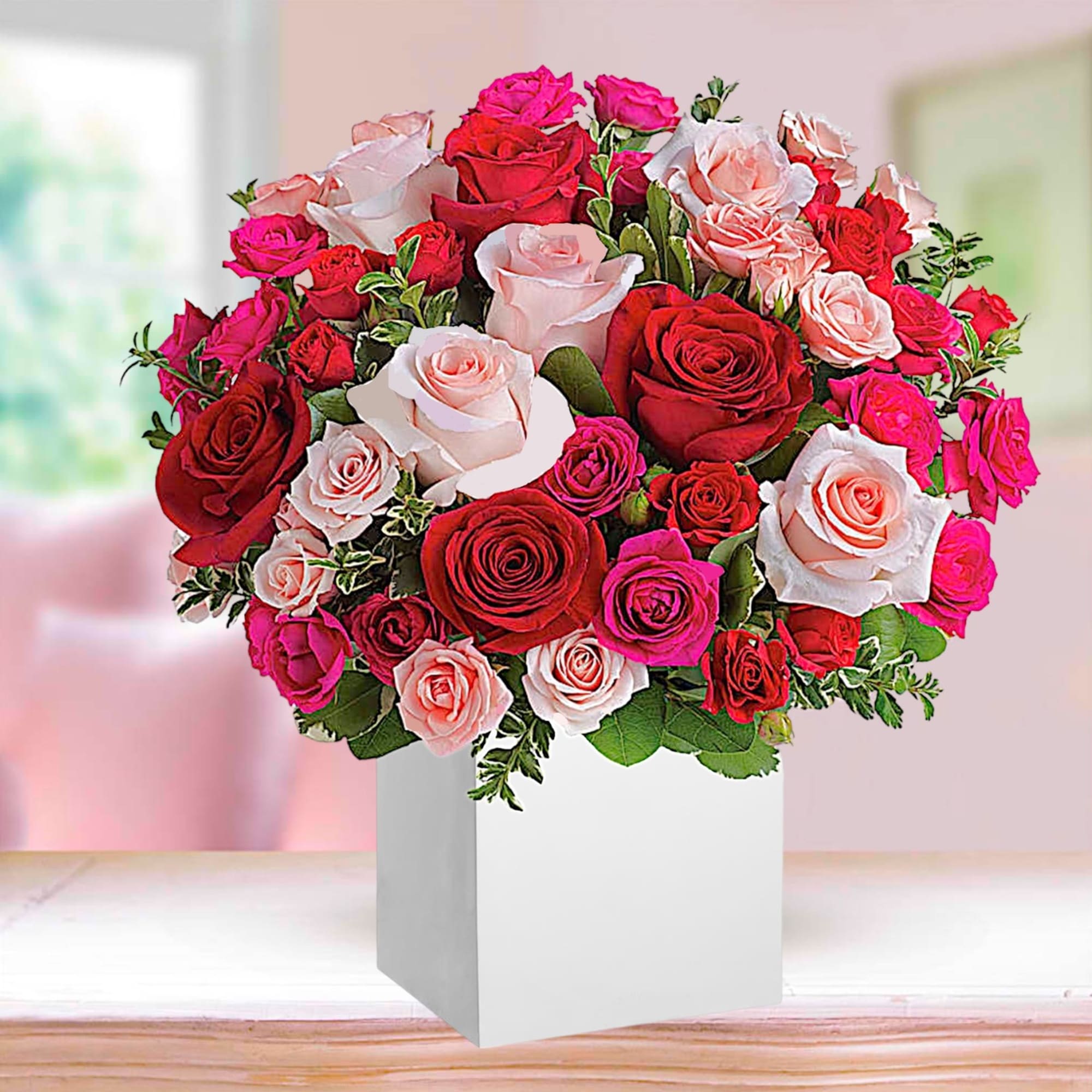 Bouquet of red, pink, and blush roses in a white box, photo 2 of 5