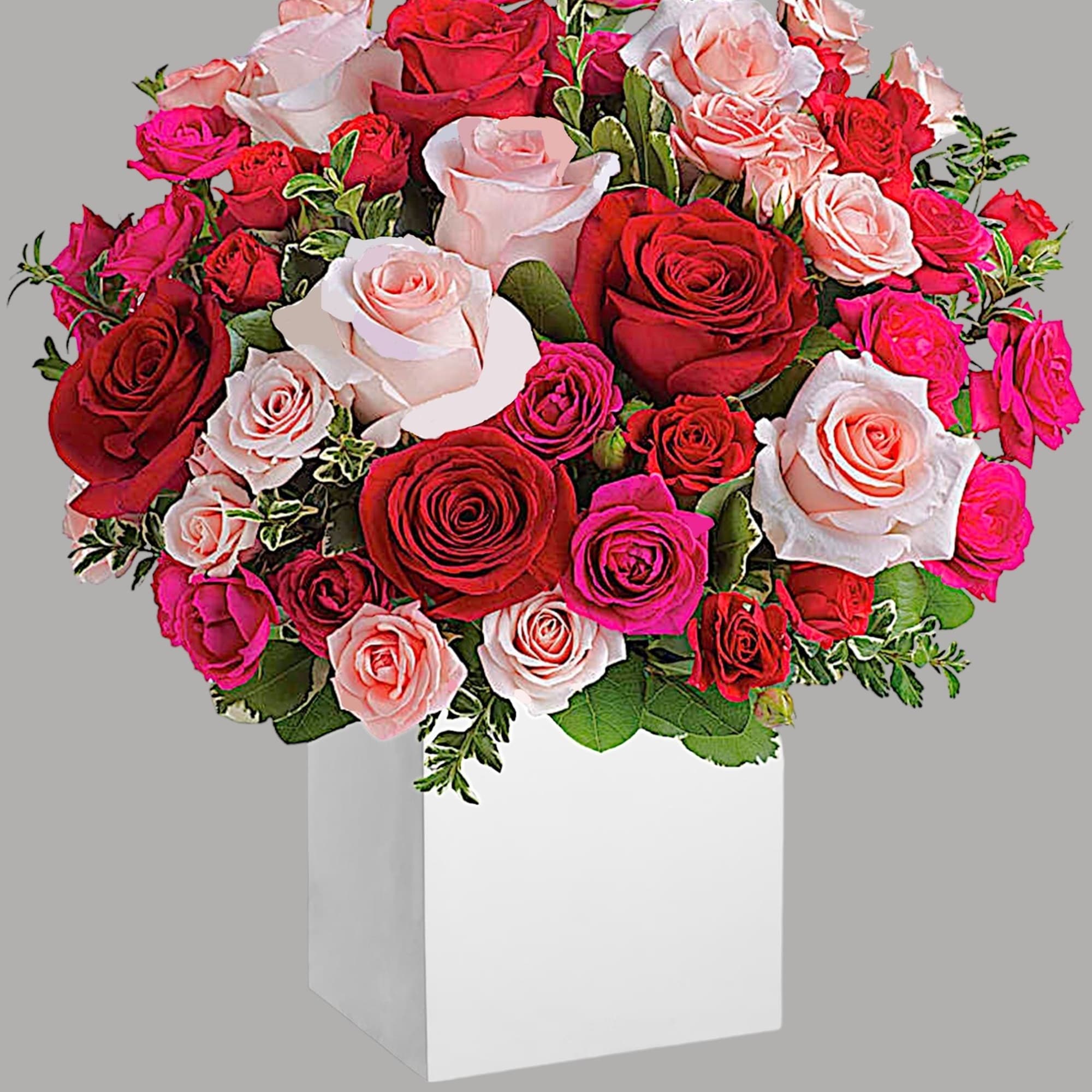 Bouquet of red, pink, and blush roses in a white box, photo 5 of 5