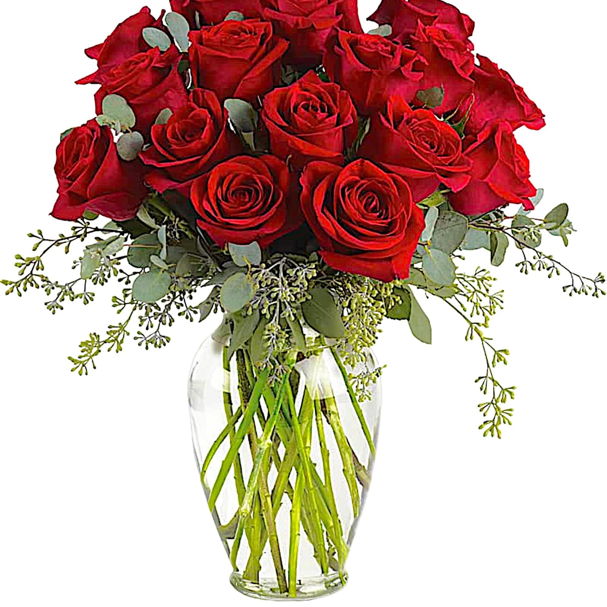 Bouquet of red roses in a clear glass vase