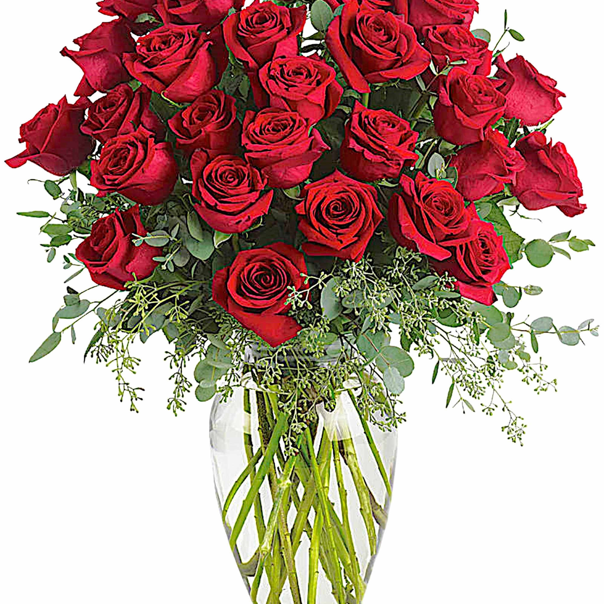 Bouquet of red roses in a clear glass vase