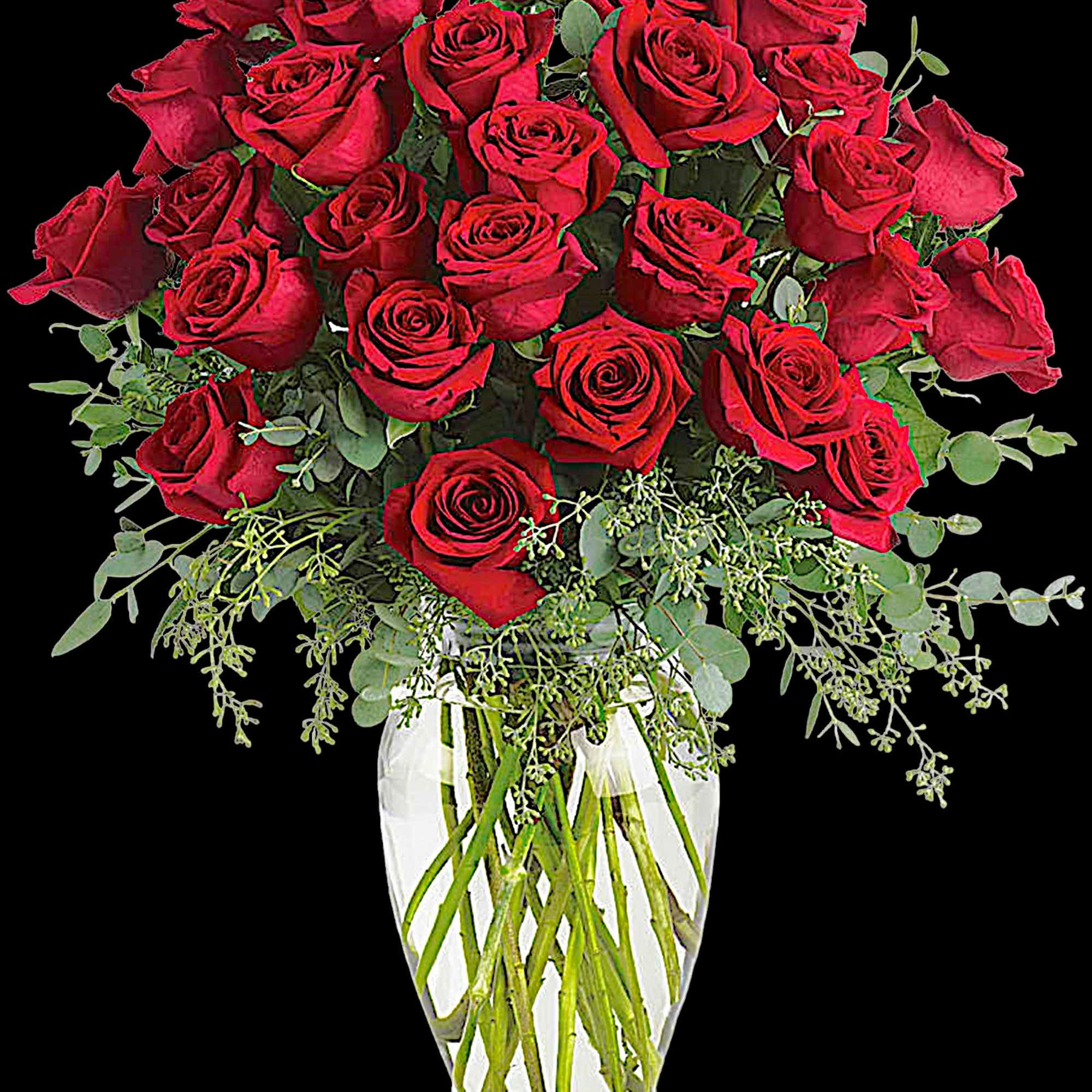 Bouquet of red roses in a clear glass vase, photo 3 of 5