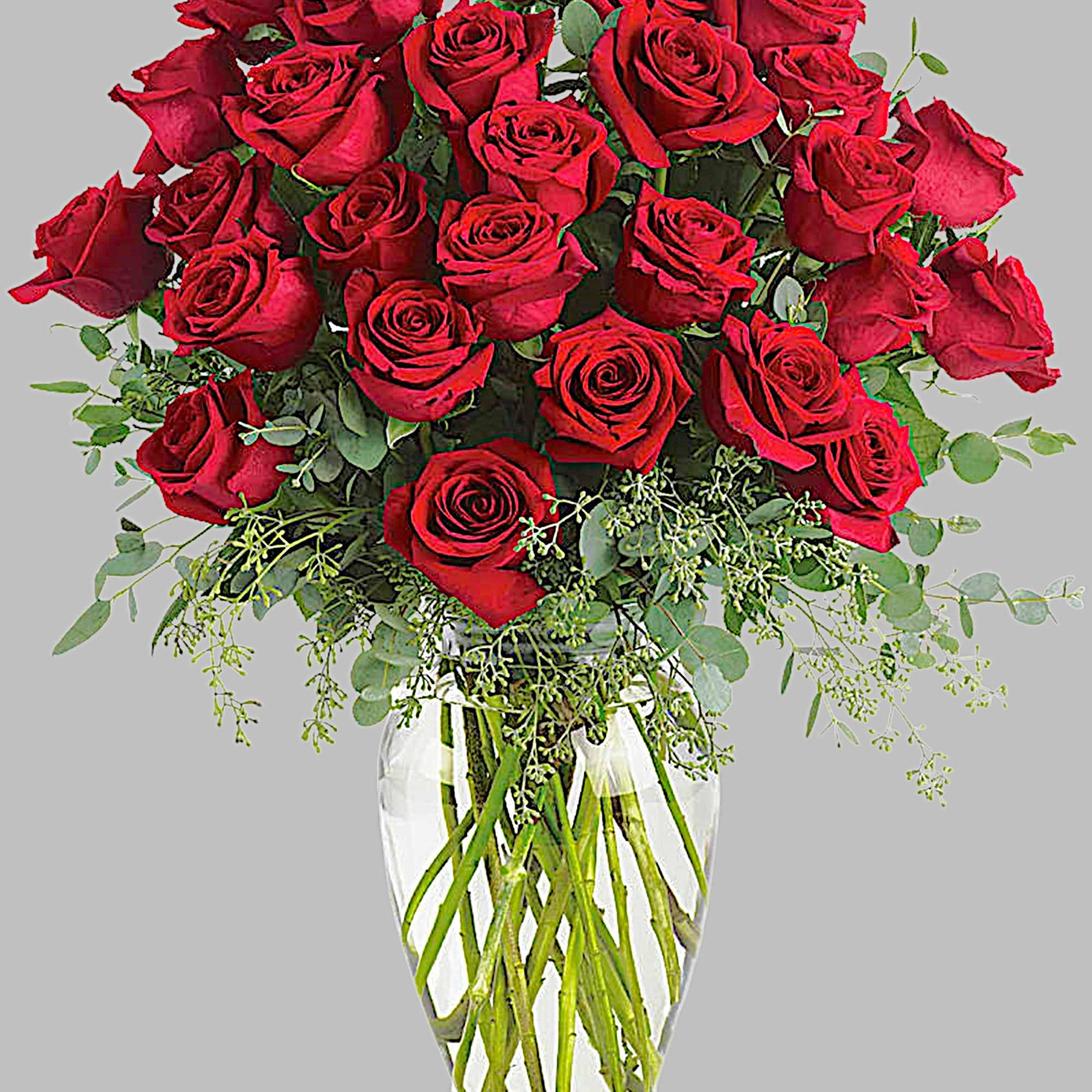 Bouquet of red roses in a clear glass vase, photo 5 of 5