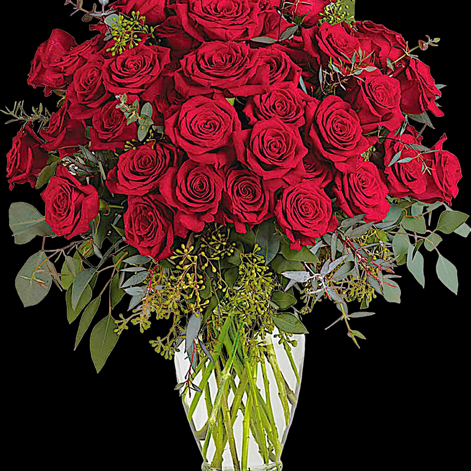 Bouquet of red roses in a clear glass vase, photo 3 of 5