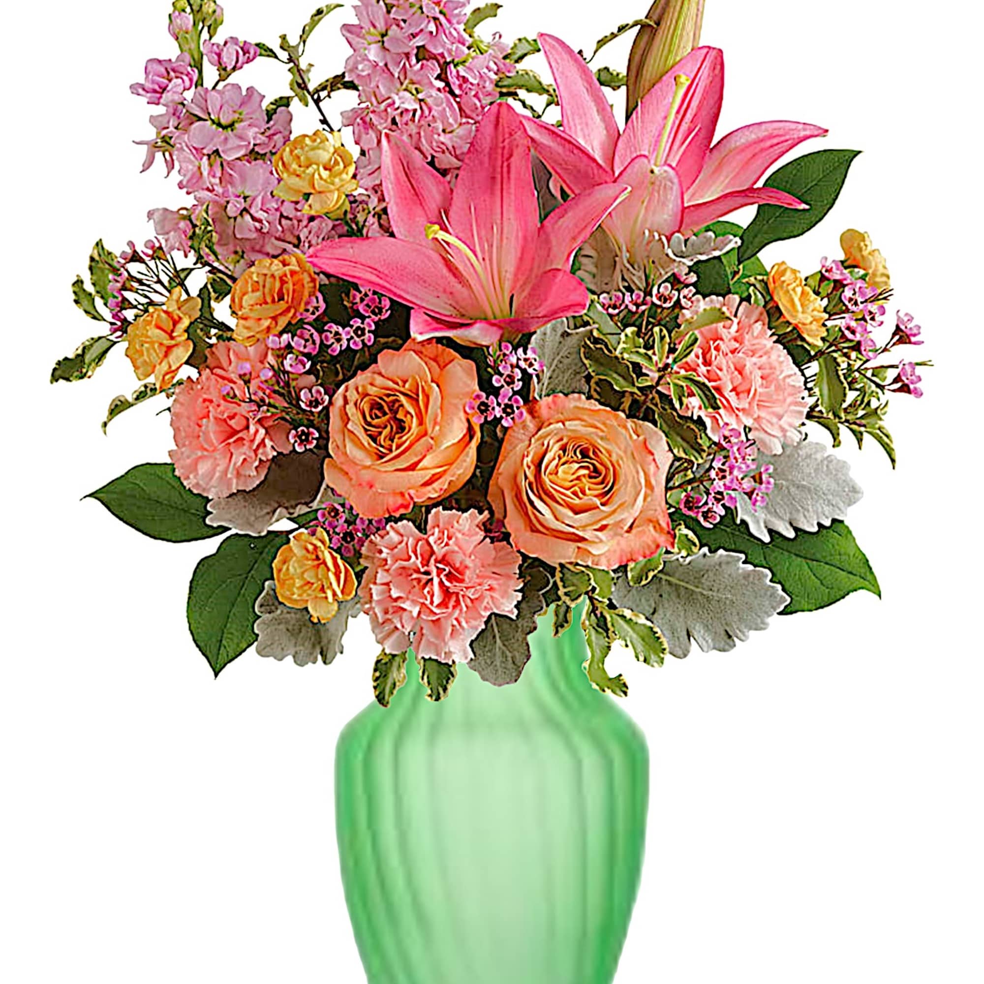 Pink lilies and peach roses in a green vase