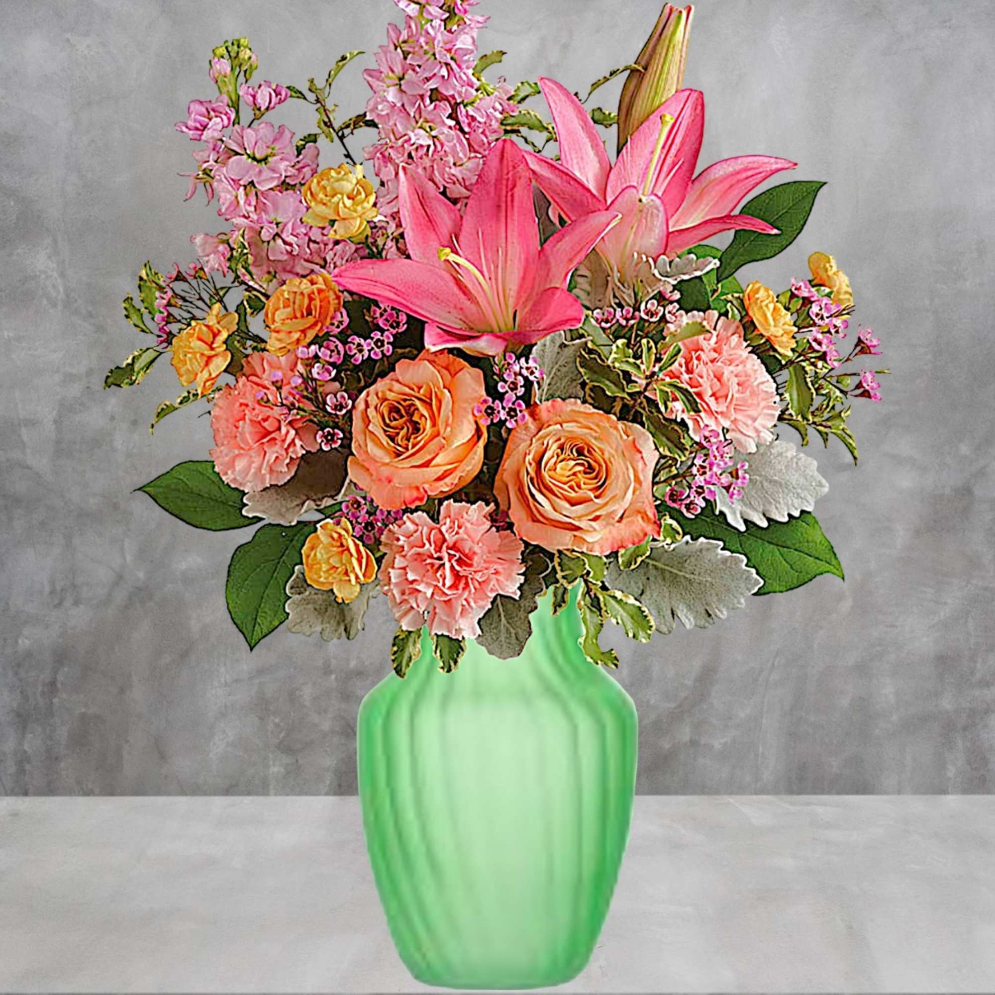 Pink lilies and peach roses in a green vase, photo 2 of 4