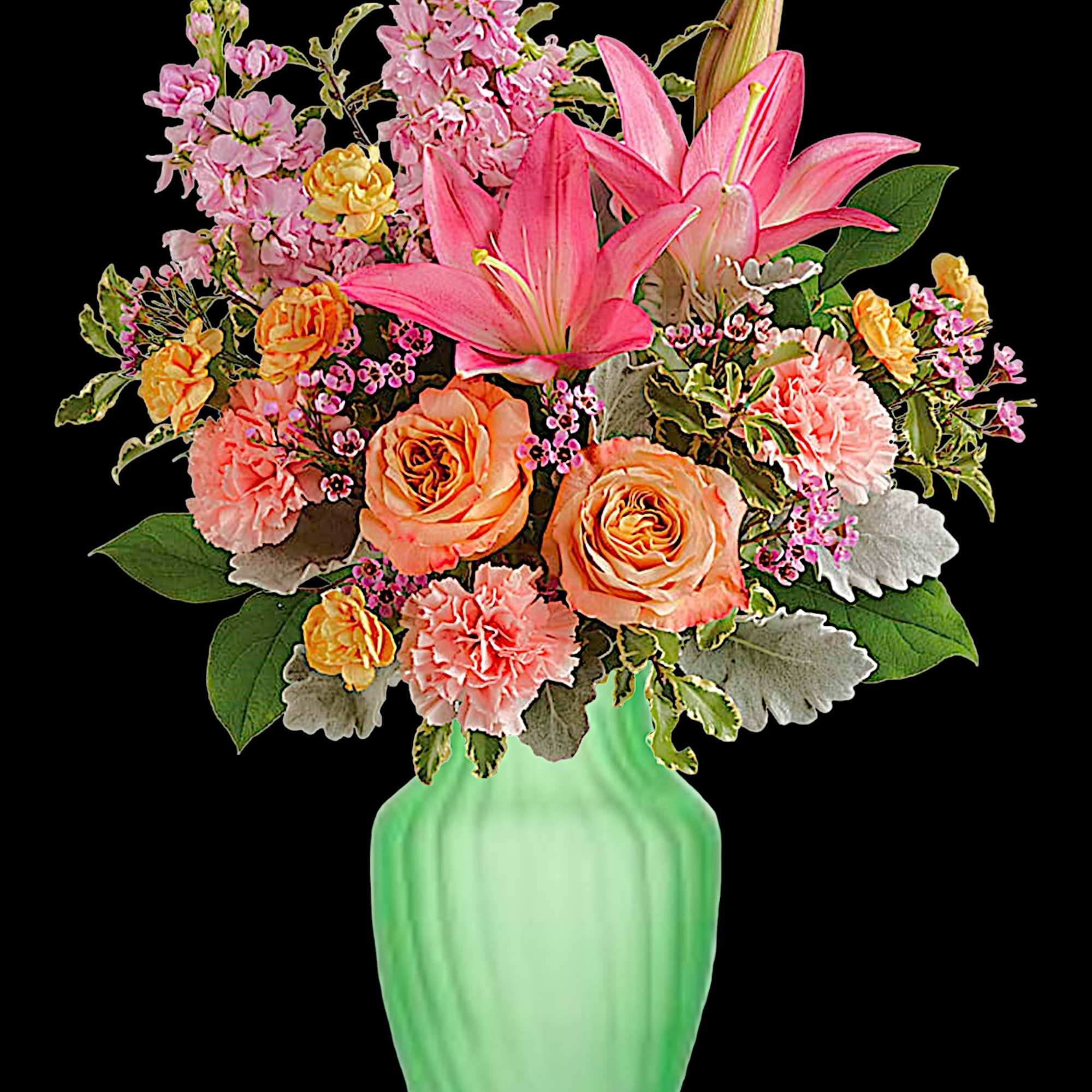 Pink lilies and peach roses arranged in a green vase, photo 3 of 4