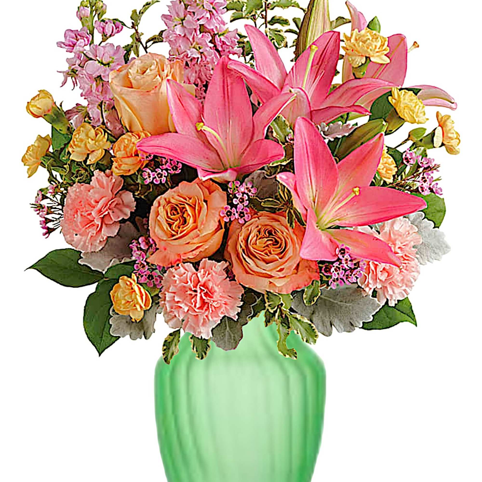 Pink lilies and peach roses in a green vase