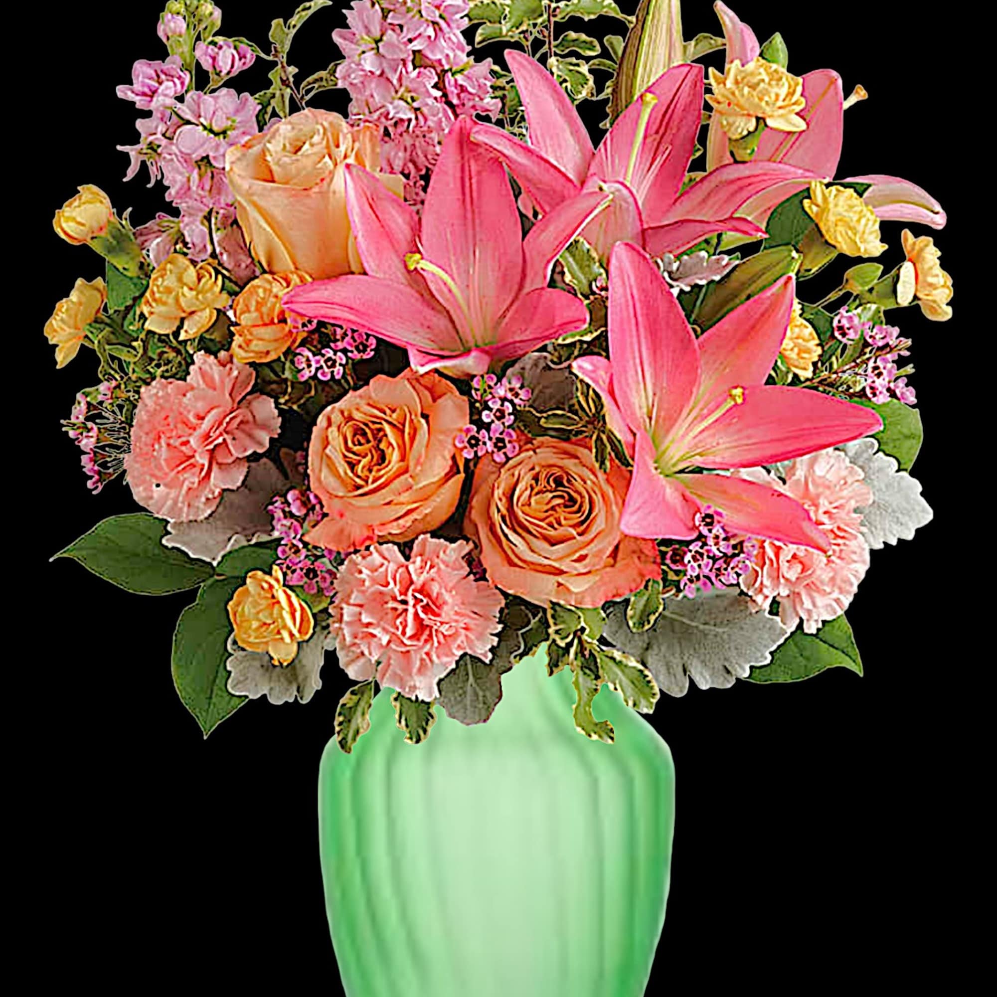 Pink lilies and peach roses in a green vase, photo 3 of 4