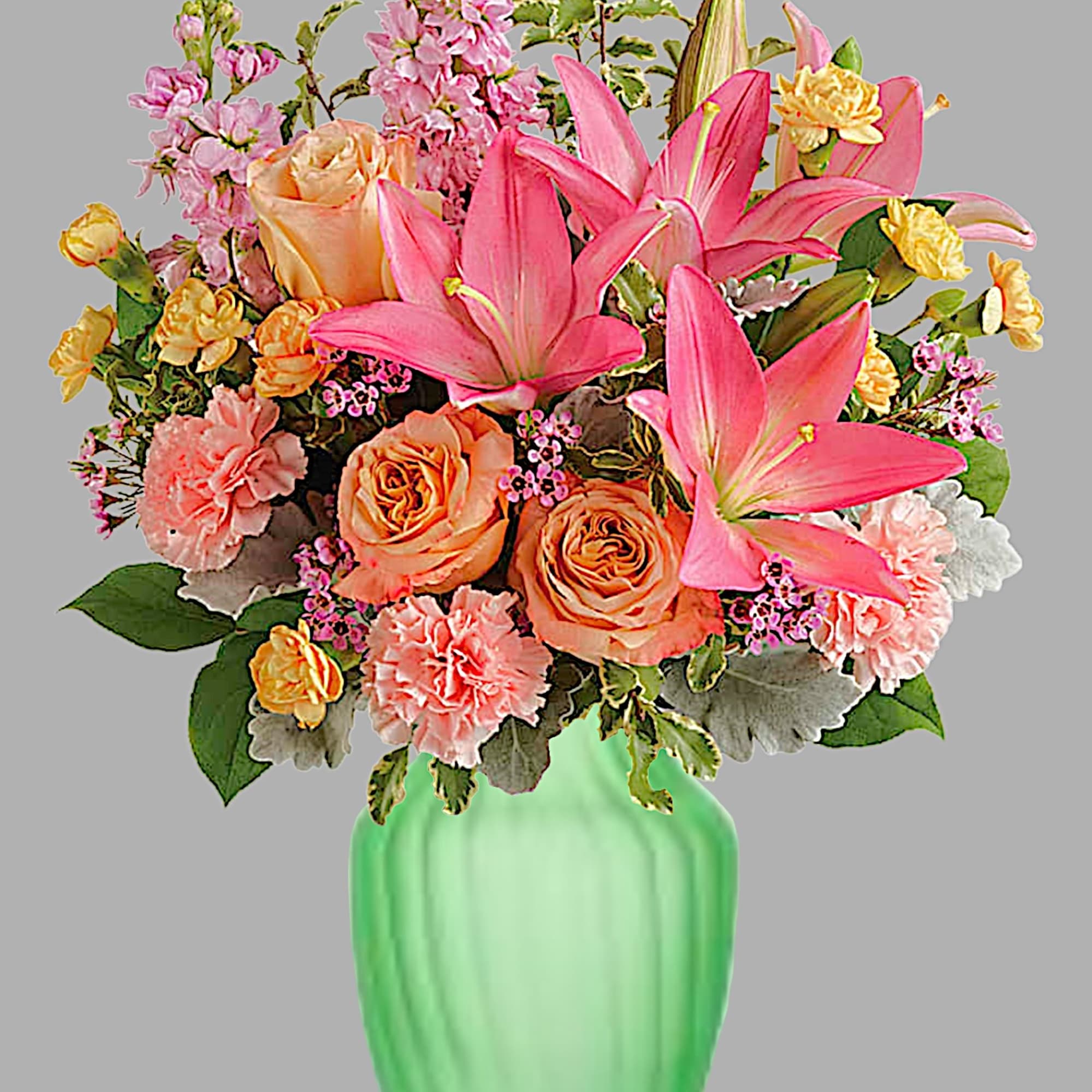 Pink lilies and peach roses in a green vase, photo 4 of 4