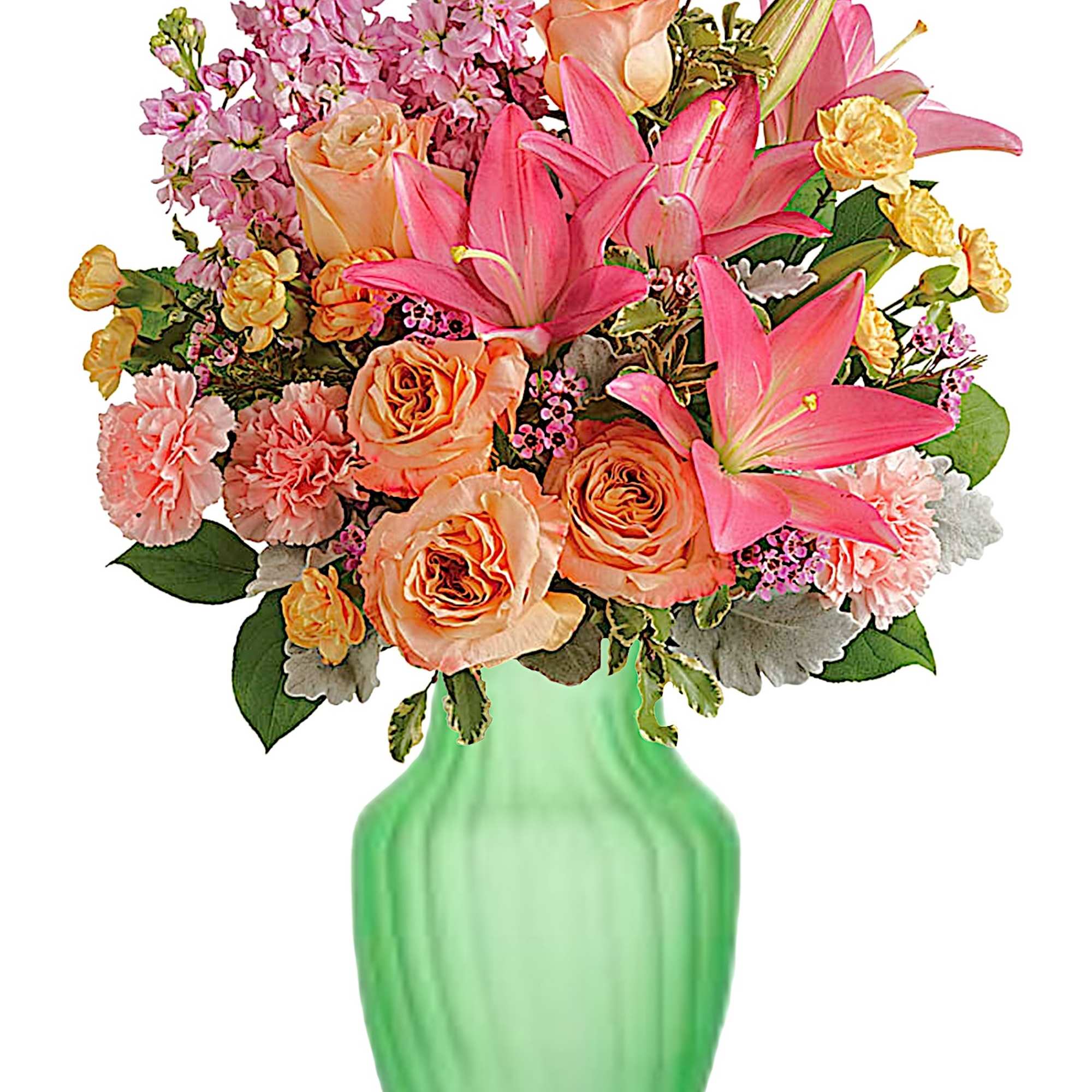 Pink and peach floral arrangement in a green vase
