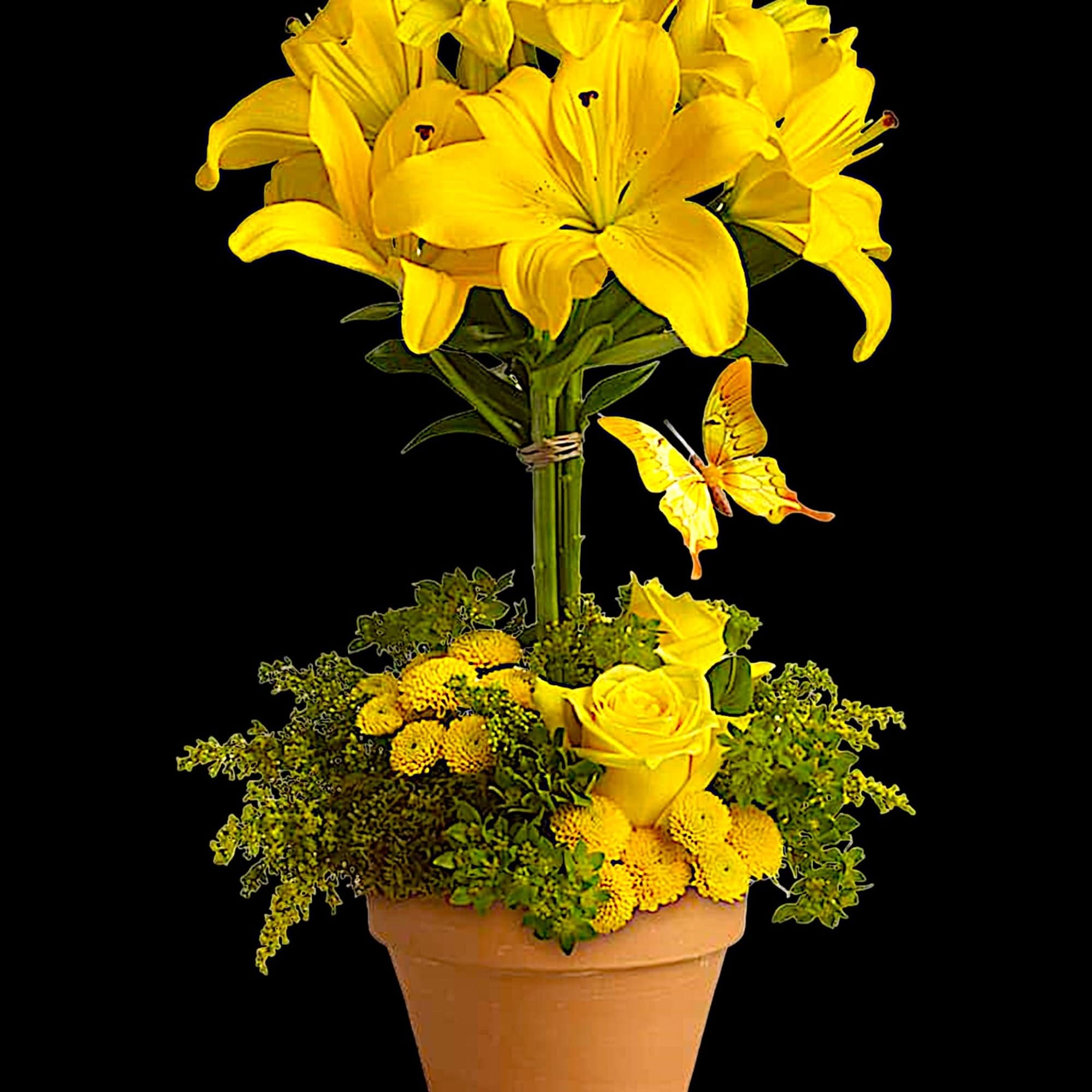 Yellow lily bouquet in a terracotta pot with a butterfly decoration